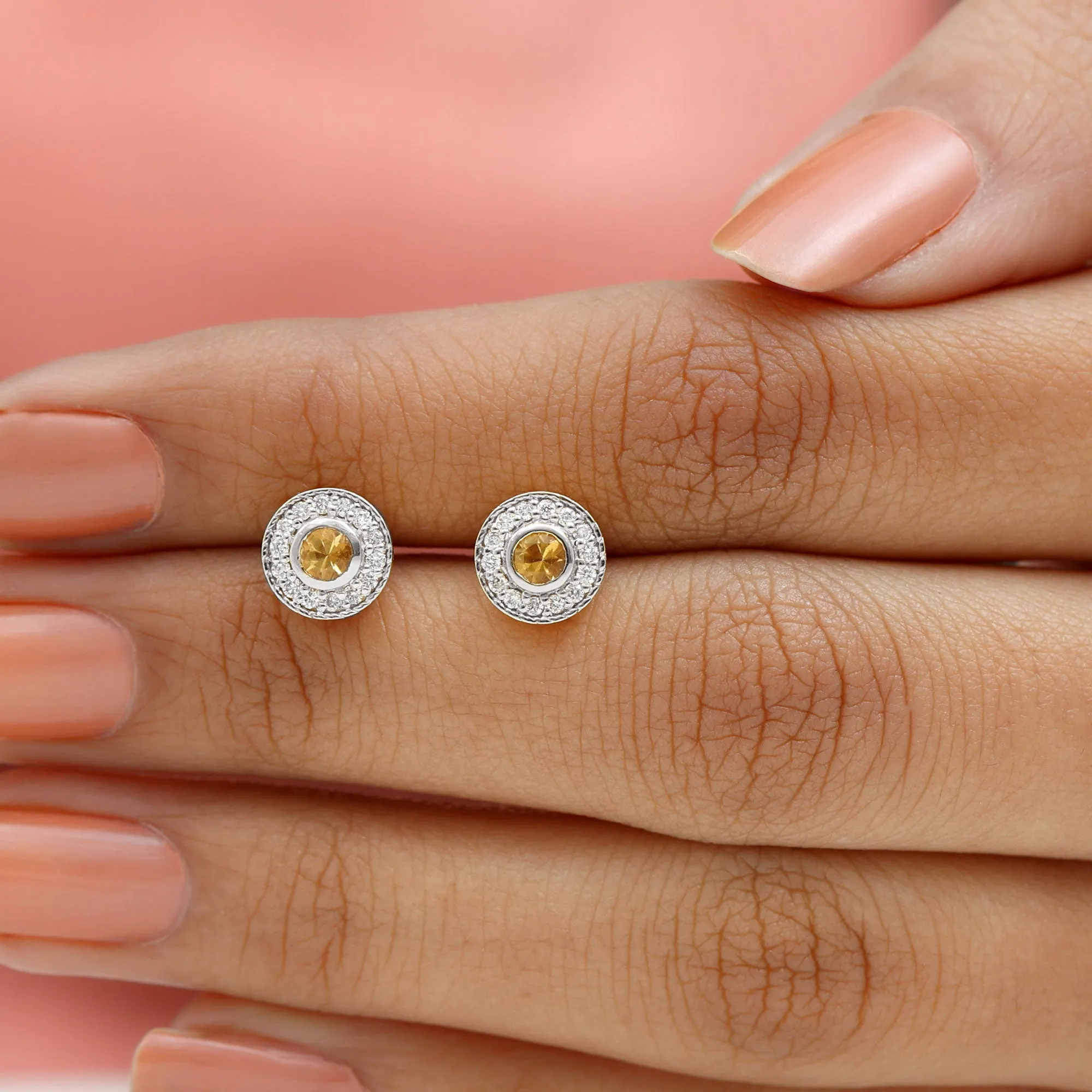 Round Citrine Halo Stud Earrings with Diamond in Twisted Rope Frame