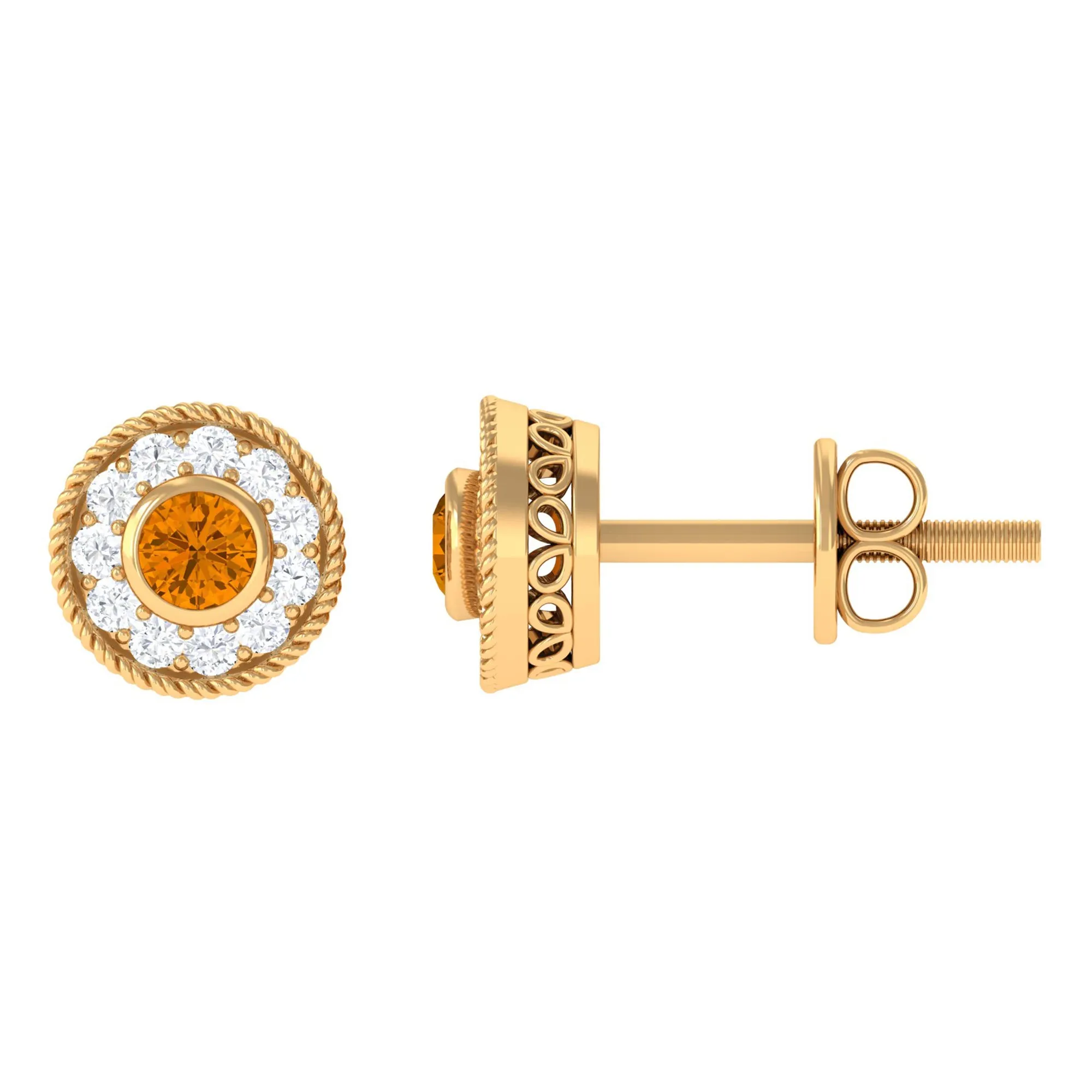 Round Citrine Halo Stud Earrings with Diamond in Twisted Rope Frame