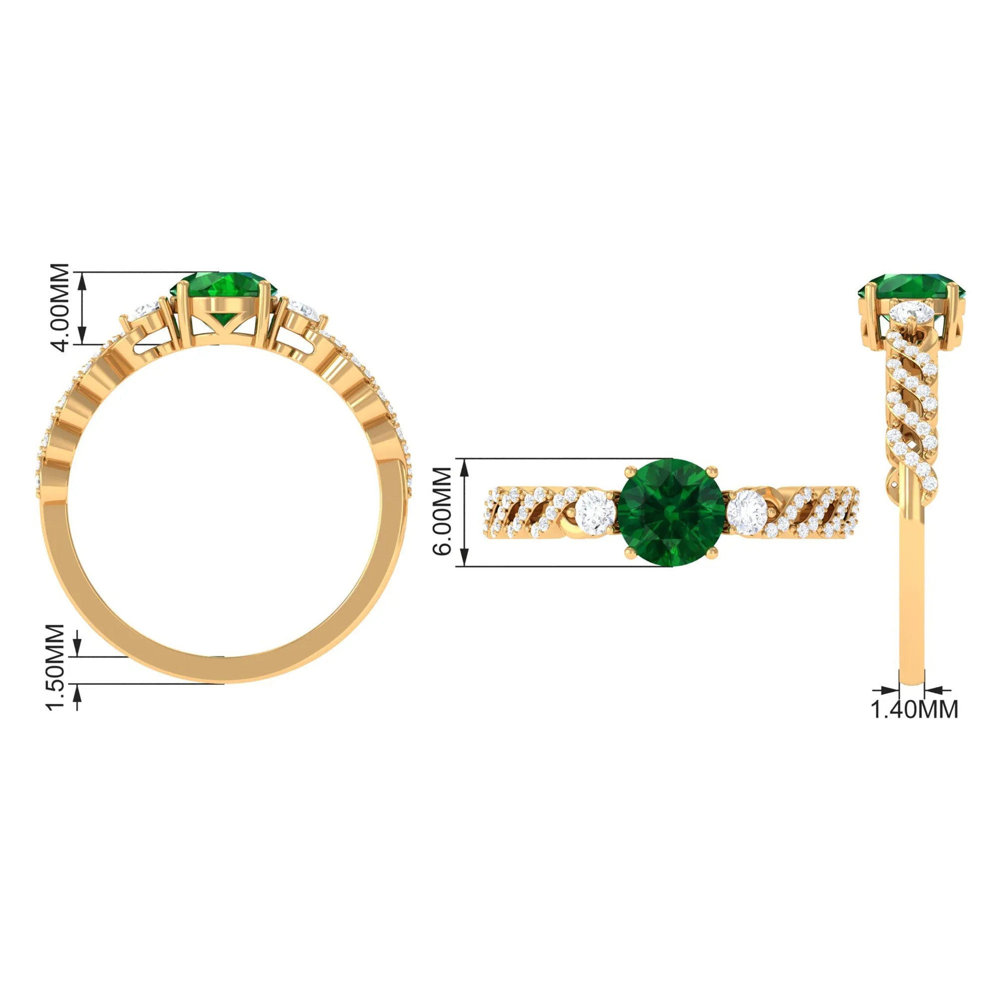 Round Shape Created Emerald Designer Engagement Ring with Diamond Side Stones