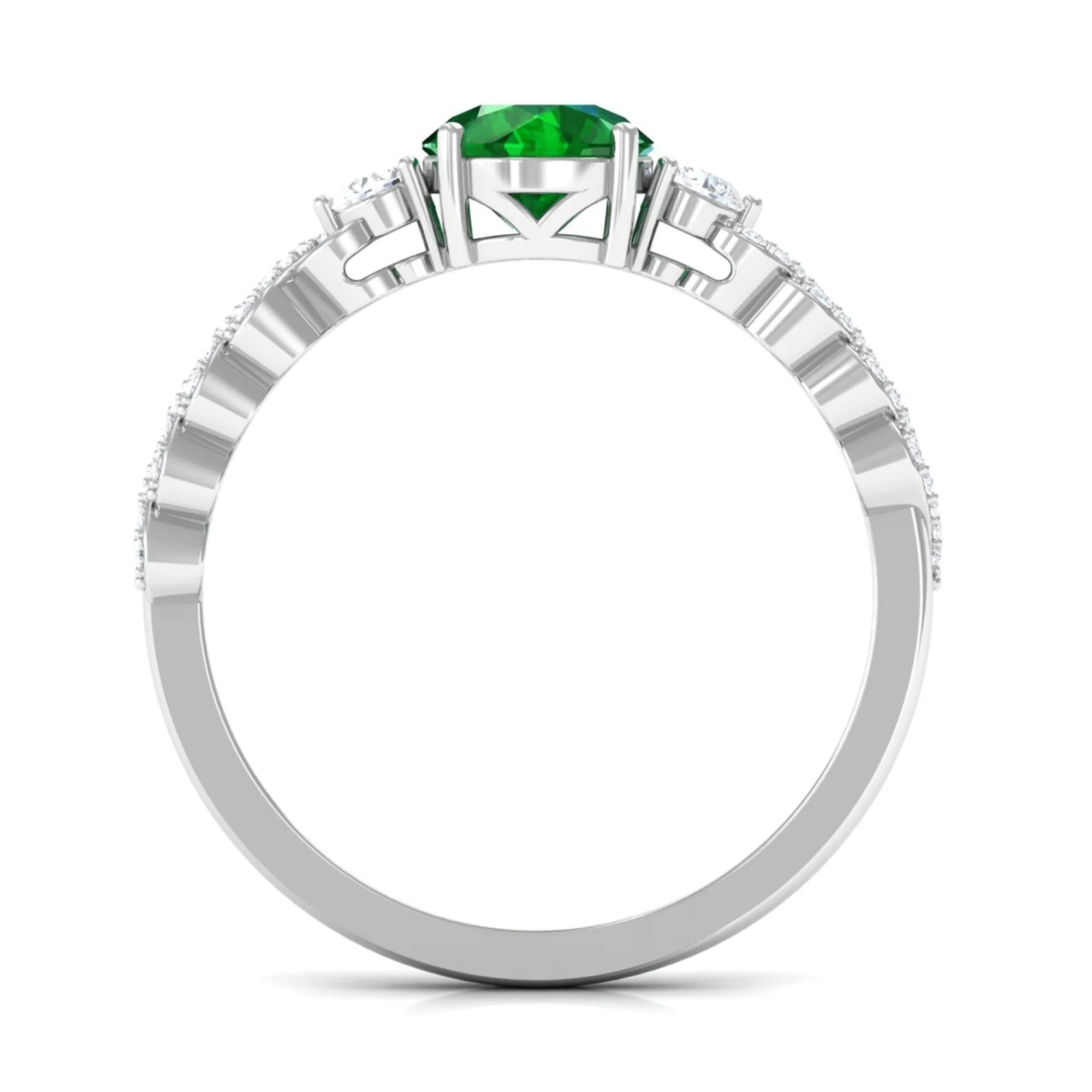 Round Shape Created Emerald Designer Engagement Ring with Diamond Side Stones