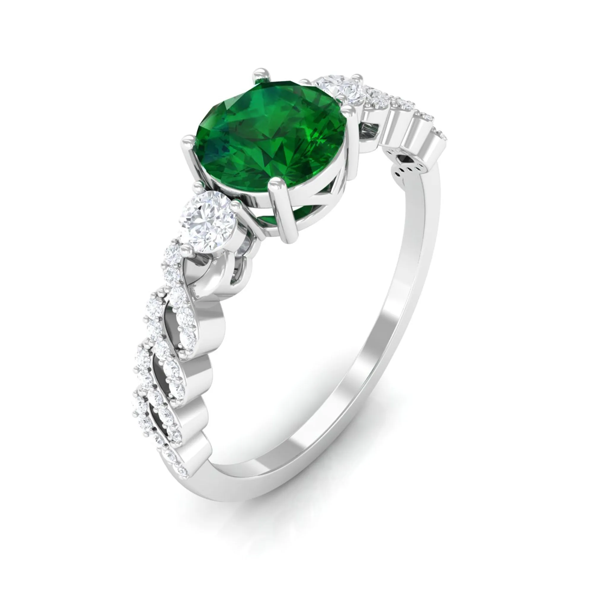 Round Shape Created Emerald Designer Engagement Ring with Diamond Side Stones