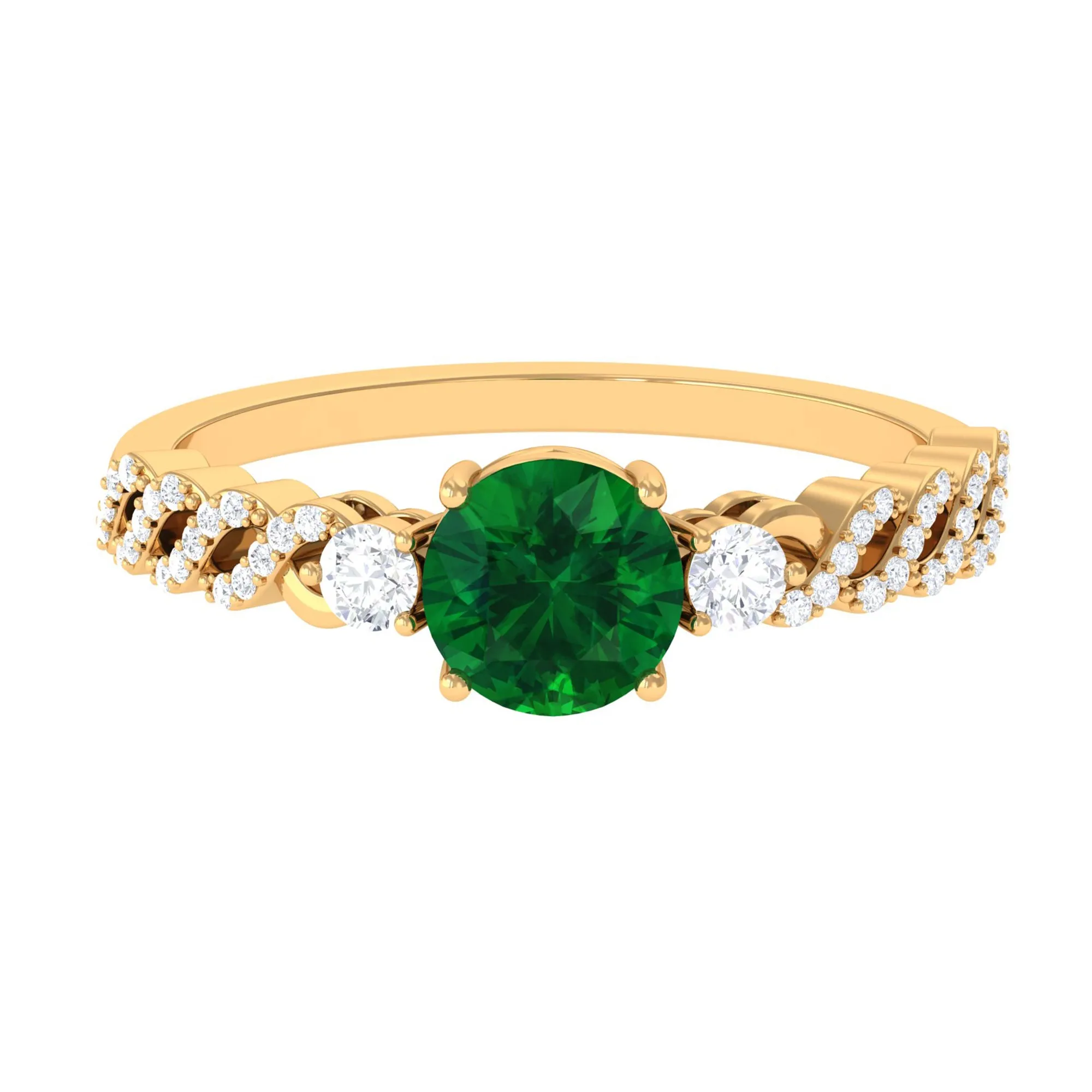 Round Shape Created Emerald Designer Engagement Ring with Diamond Side Stones