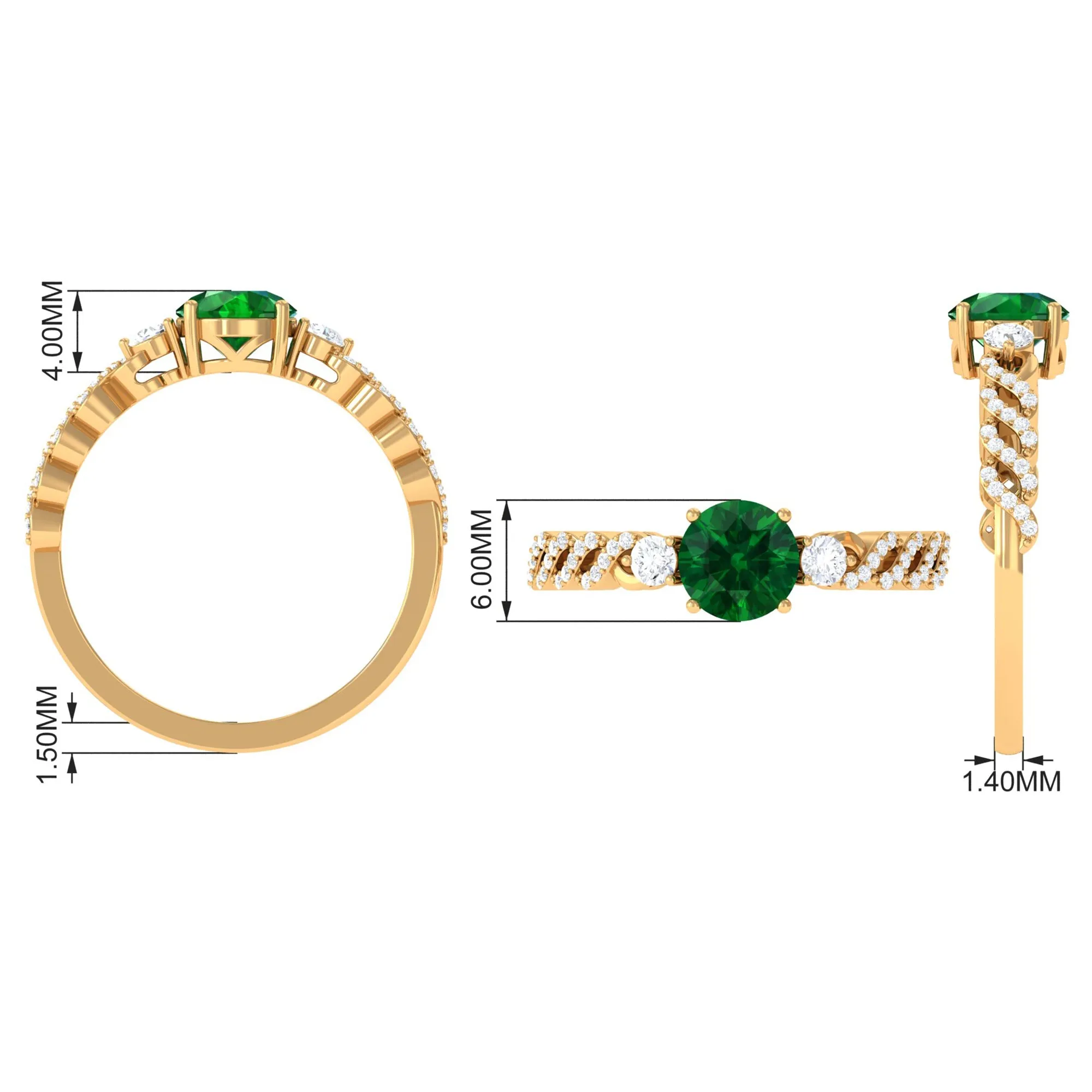 Round Shape Created Emerald Designer Engagement Ring with Diamond Side Stones