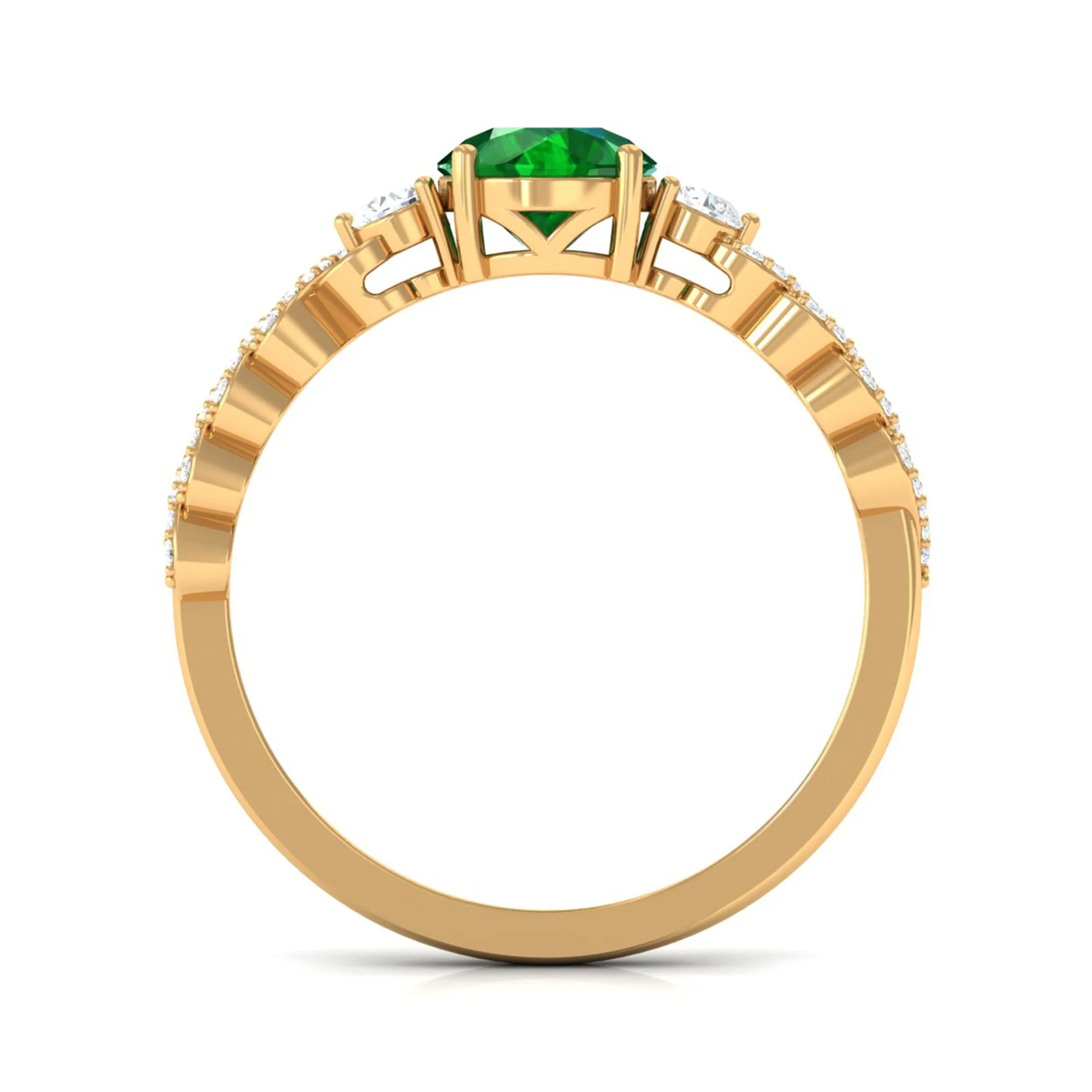 Round Shape Created Emerald Designer Engagement Ring with Diamond Side Stones