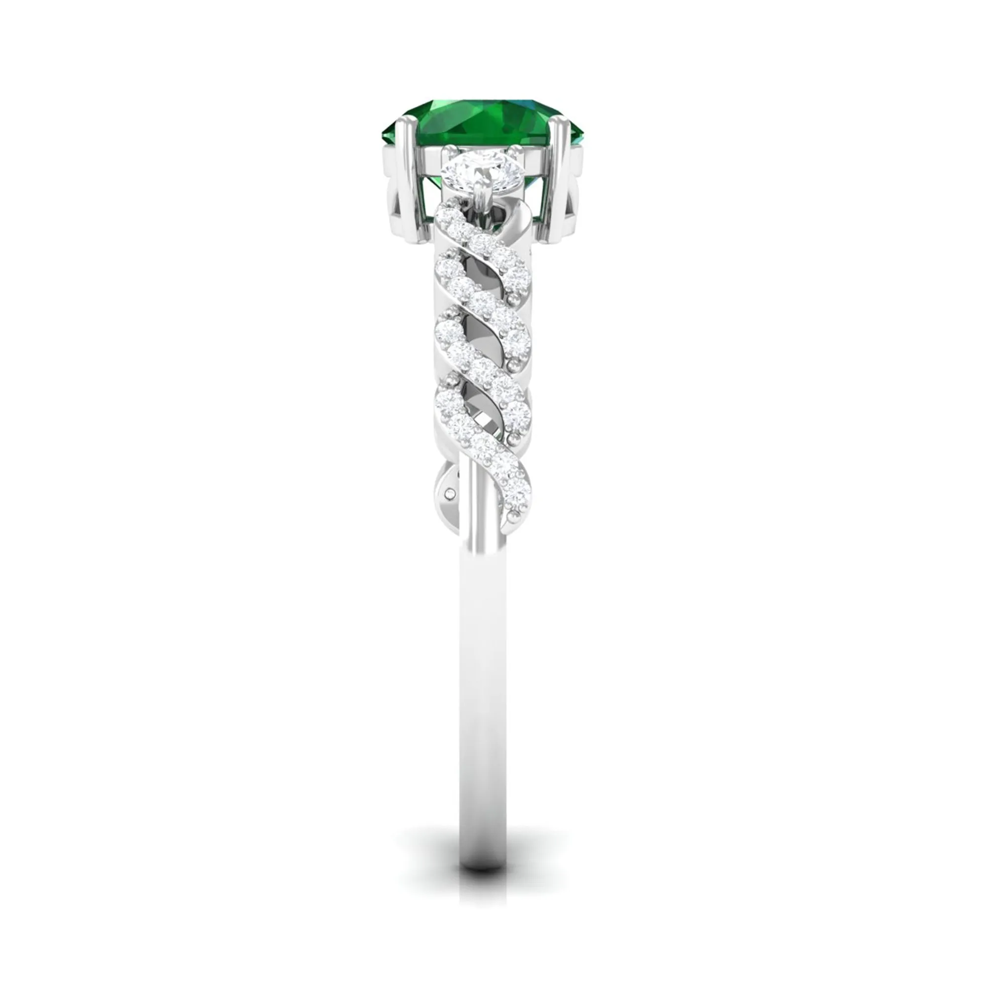 Round Shape Created Emerald Designer Engagement Ring with Diamond Side Stones