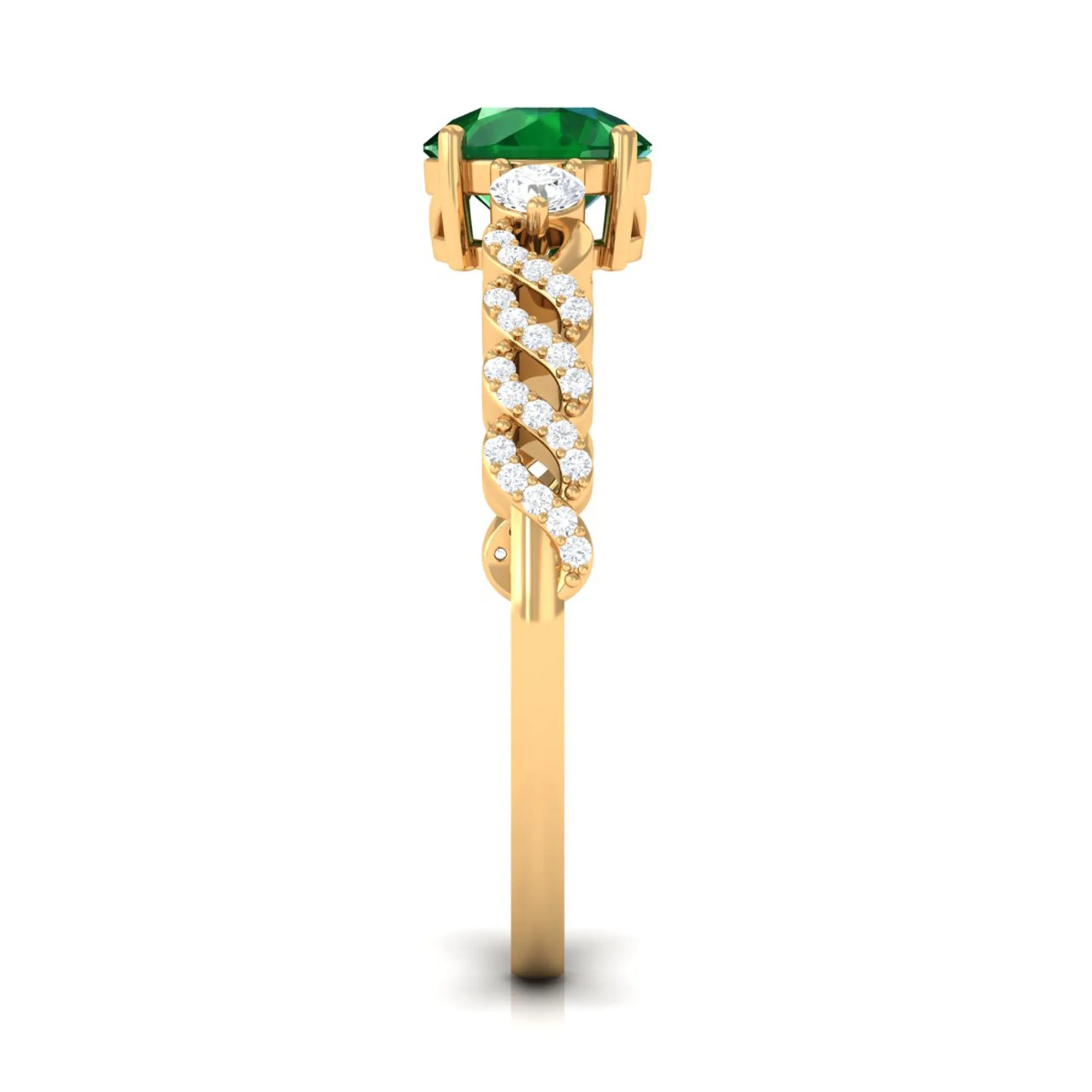 Round Shape Created Emerald Designer Engagement Ring with Diamond Side Stones