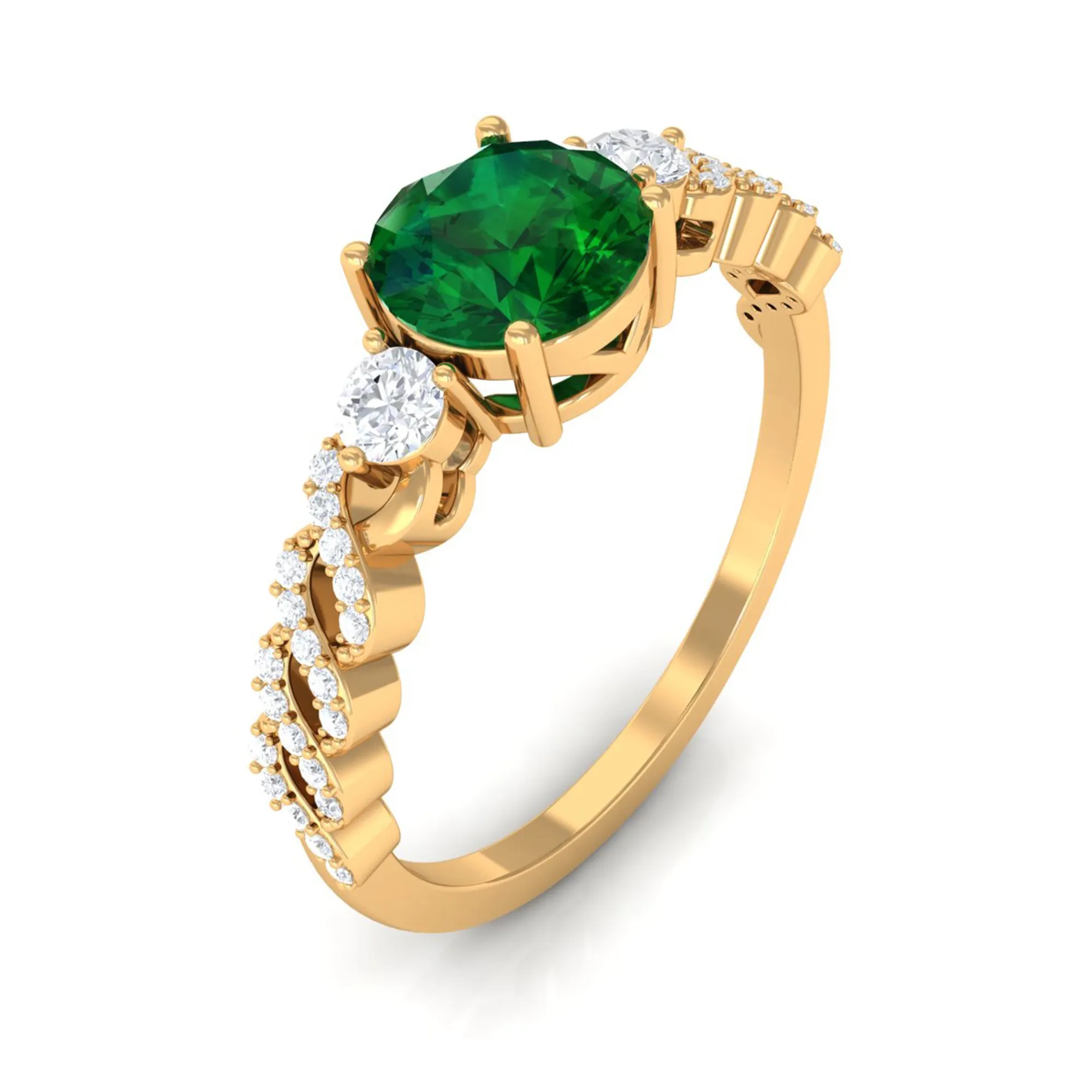 Round Shape Created Emerald Designer Engagement Ring with Diamond Side Stones