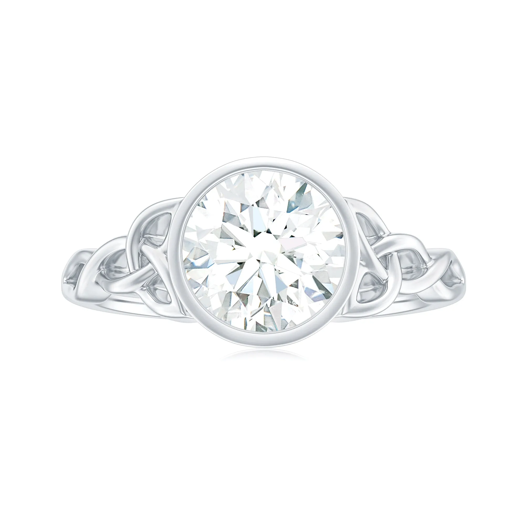 Round Shape Moissanite Solitaire Celtic Knot Ring in Bezel Setting
