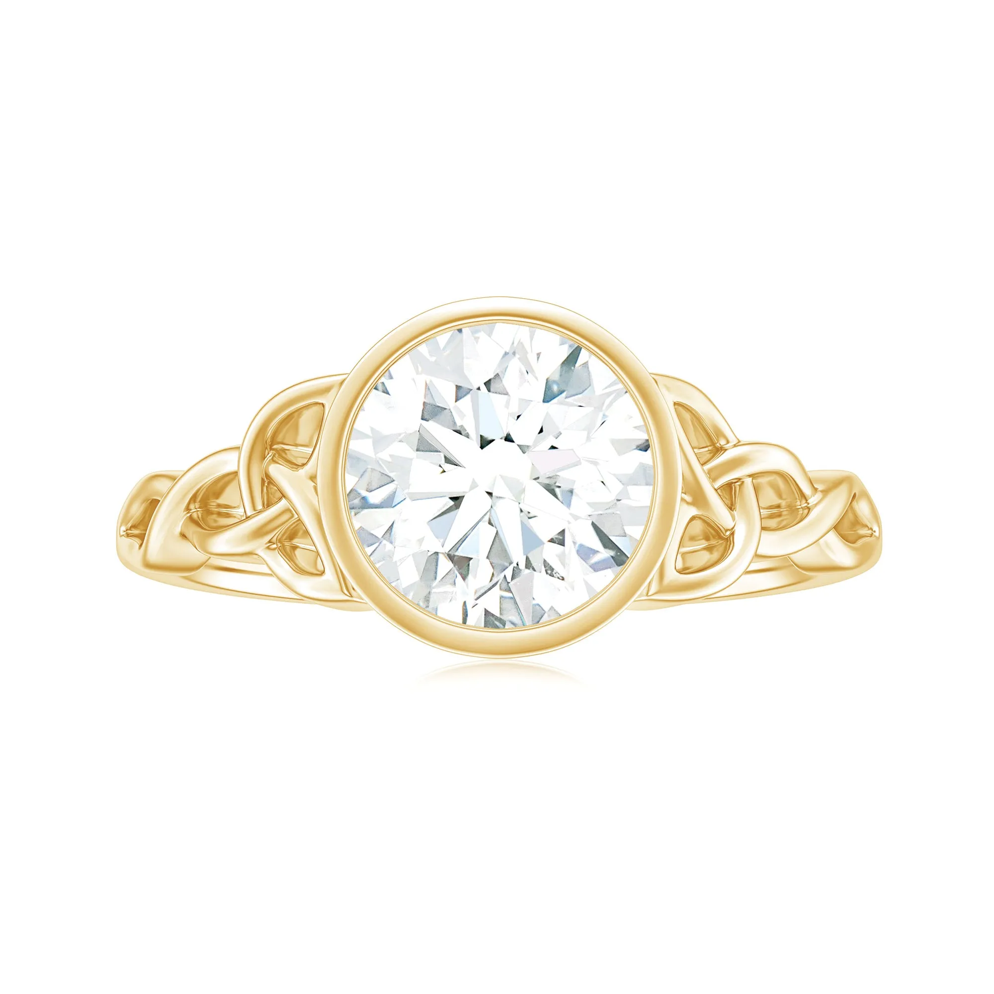 Round Shape Moissanite Solitaire Celtic Knot Ring in Bezel Setting