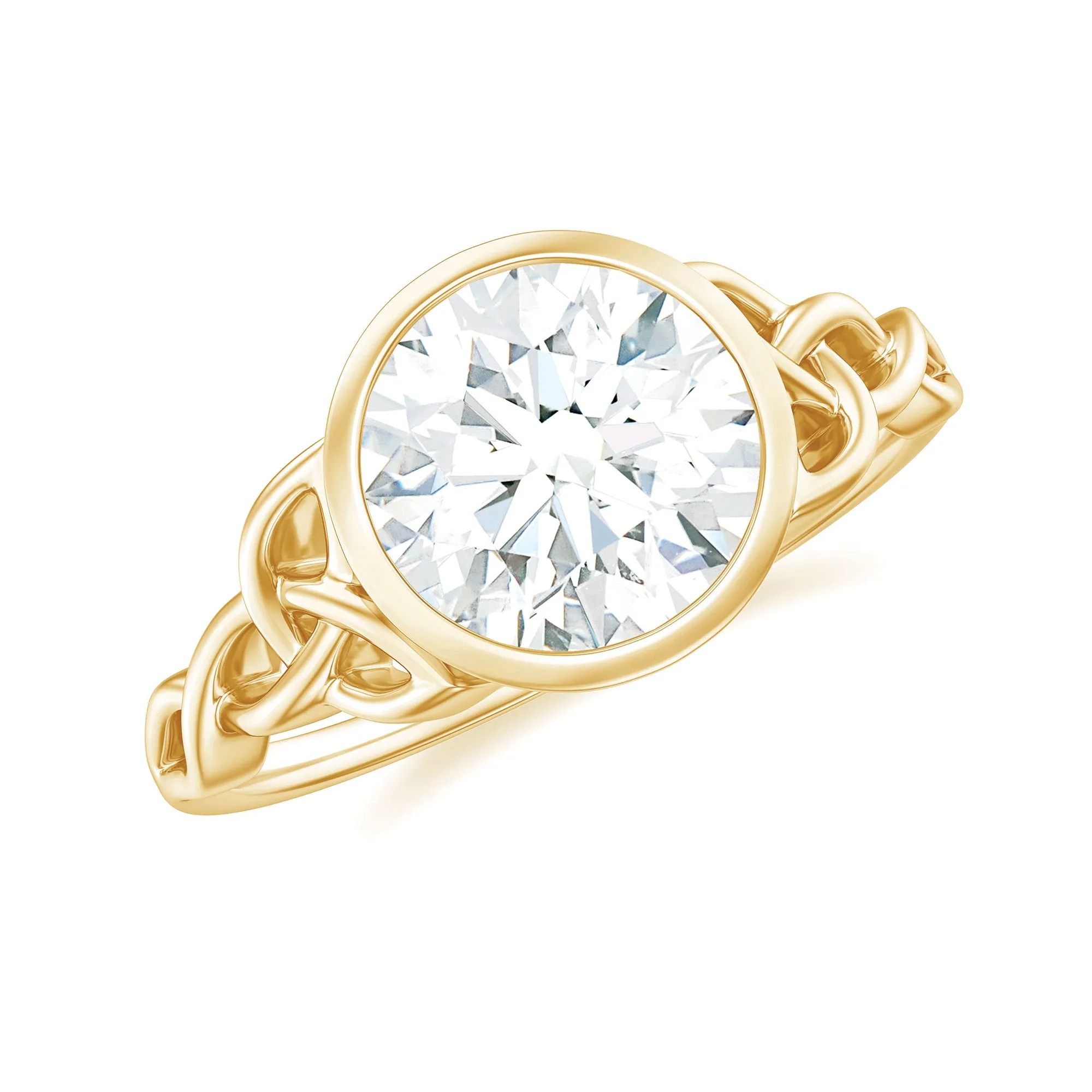 Round Shape Moissanite Solitaire Celtic Knot Ring in Bezel Setting