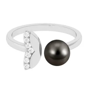 Round Tahitian Pearl Solitaire Cuff Engagement Ring with Diamond