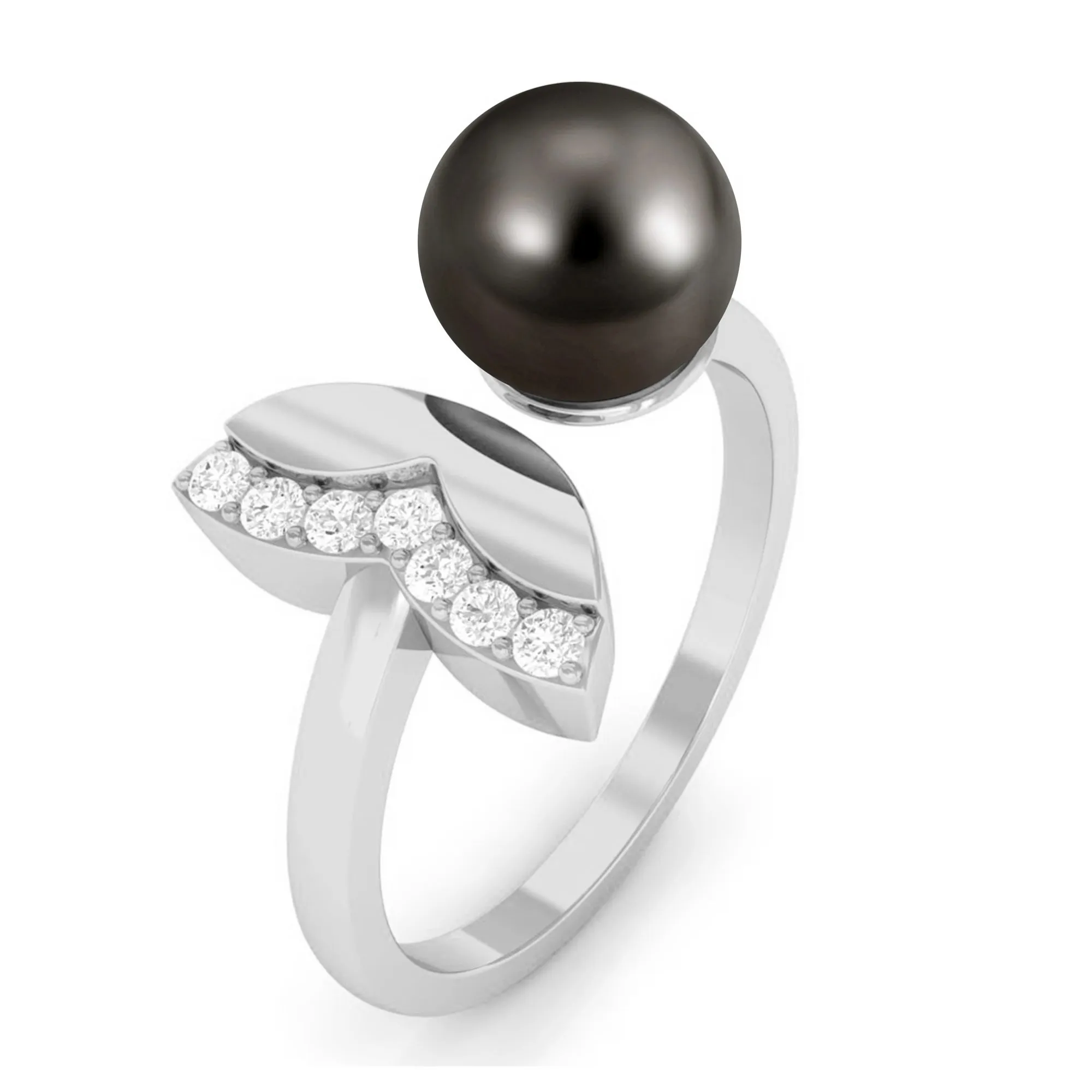 Round Tahitian Pearl Solitaire Cuff Engagement Ring with Diamond