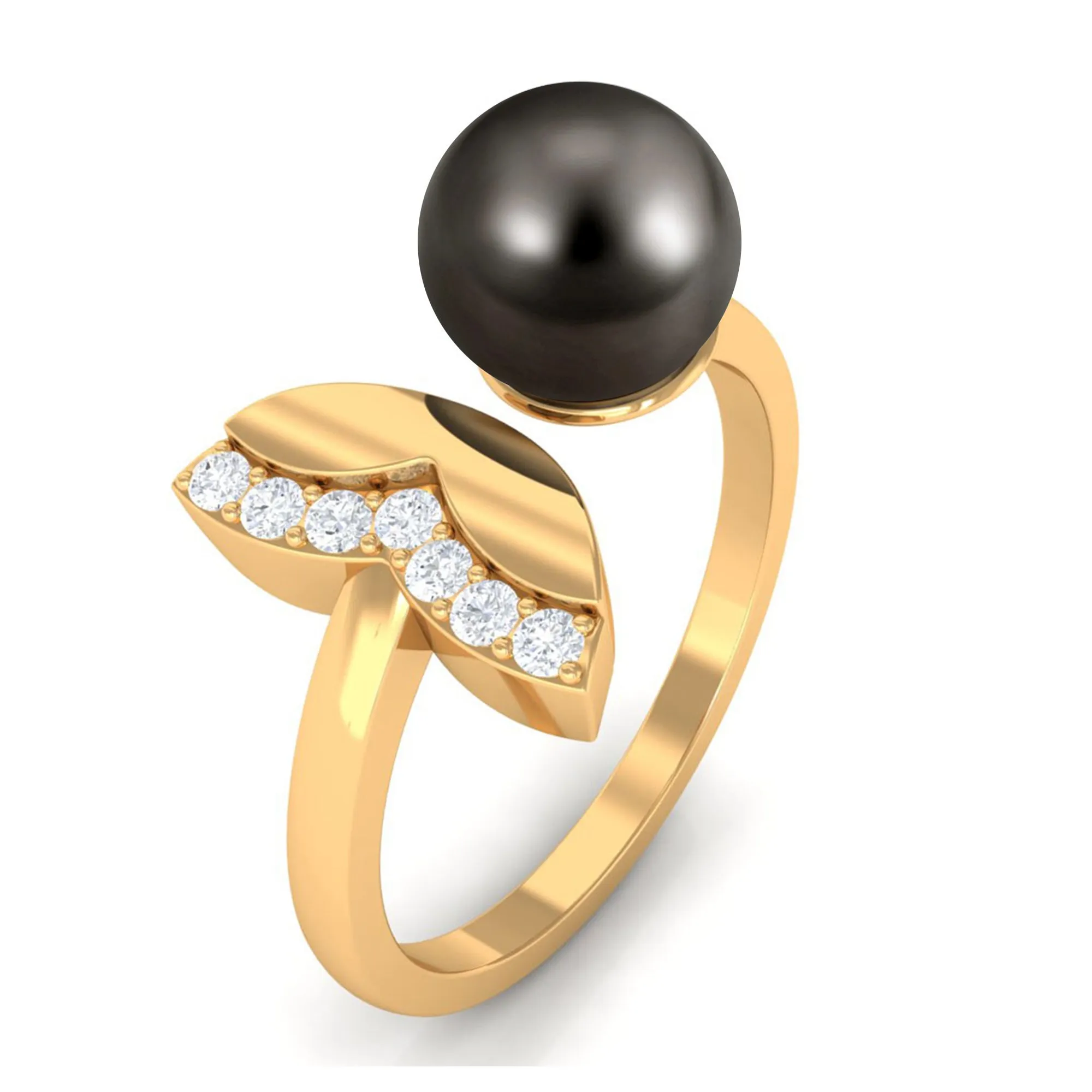 Round Tahitian Pearl Solitaire Cuff Engagement Ring with Diamond