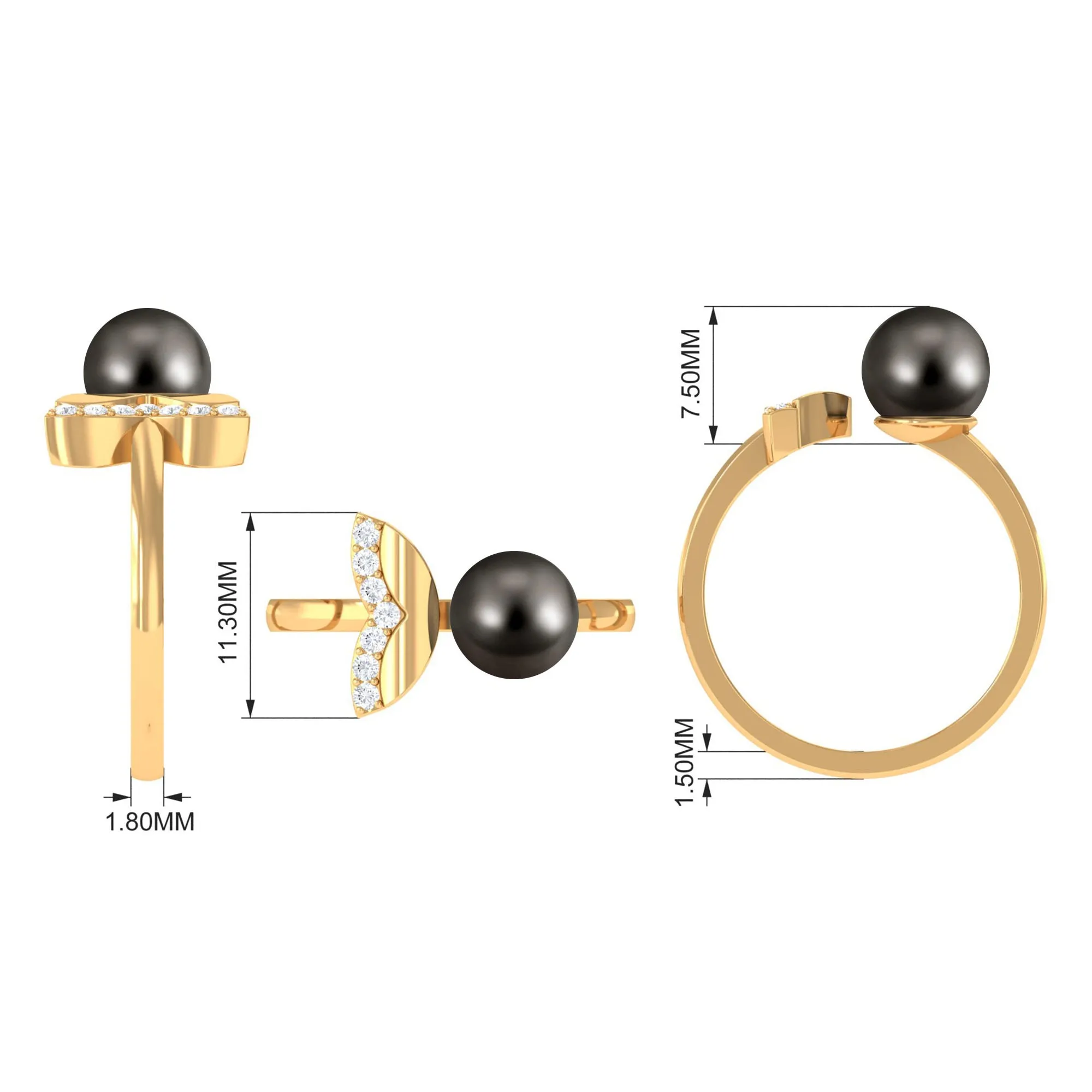 Round Tahitian Pearl Solitaire Cuff Engagement Ring with Diamond