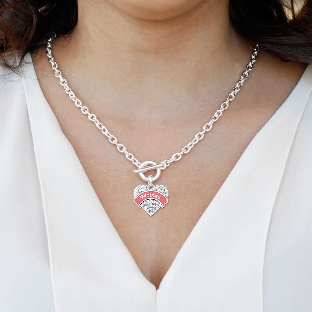Silver Coral Mother Pave Heart Charm Toggle Necklace