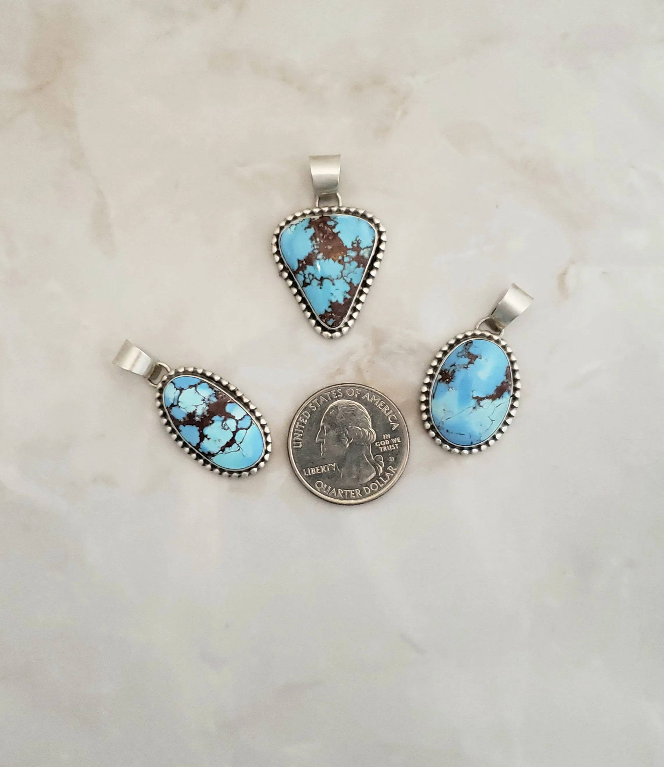 Stamped Sterling Silver Ball Trim Golden Hills Turquoise Pendants