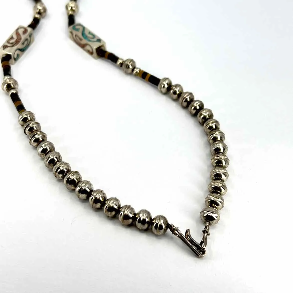 STERLING SILVER TURQUOISE & JADE INLAY NECKLACE