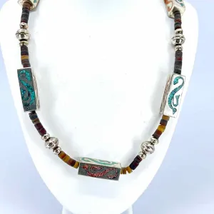 STERLING SILVER TURQUOISE & JADE INLAY NECKLACE