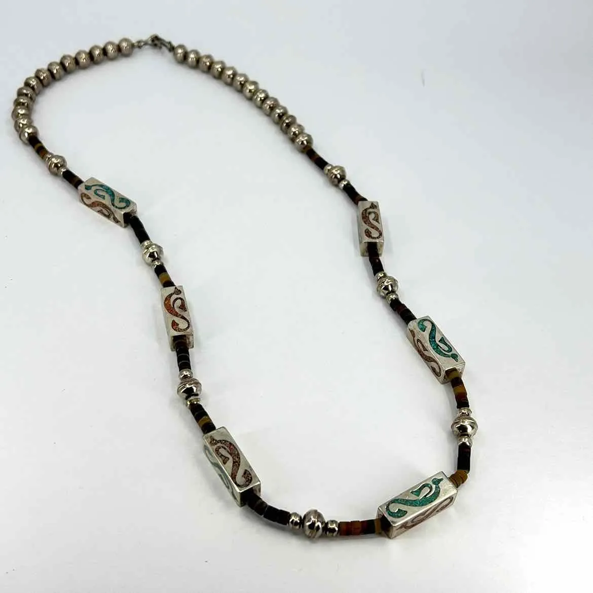 STERLING SILVER TURQUOISE & JADE INLAY NECKLACE