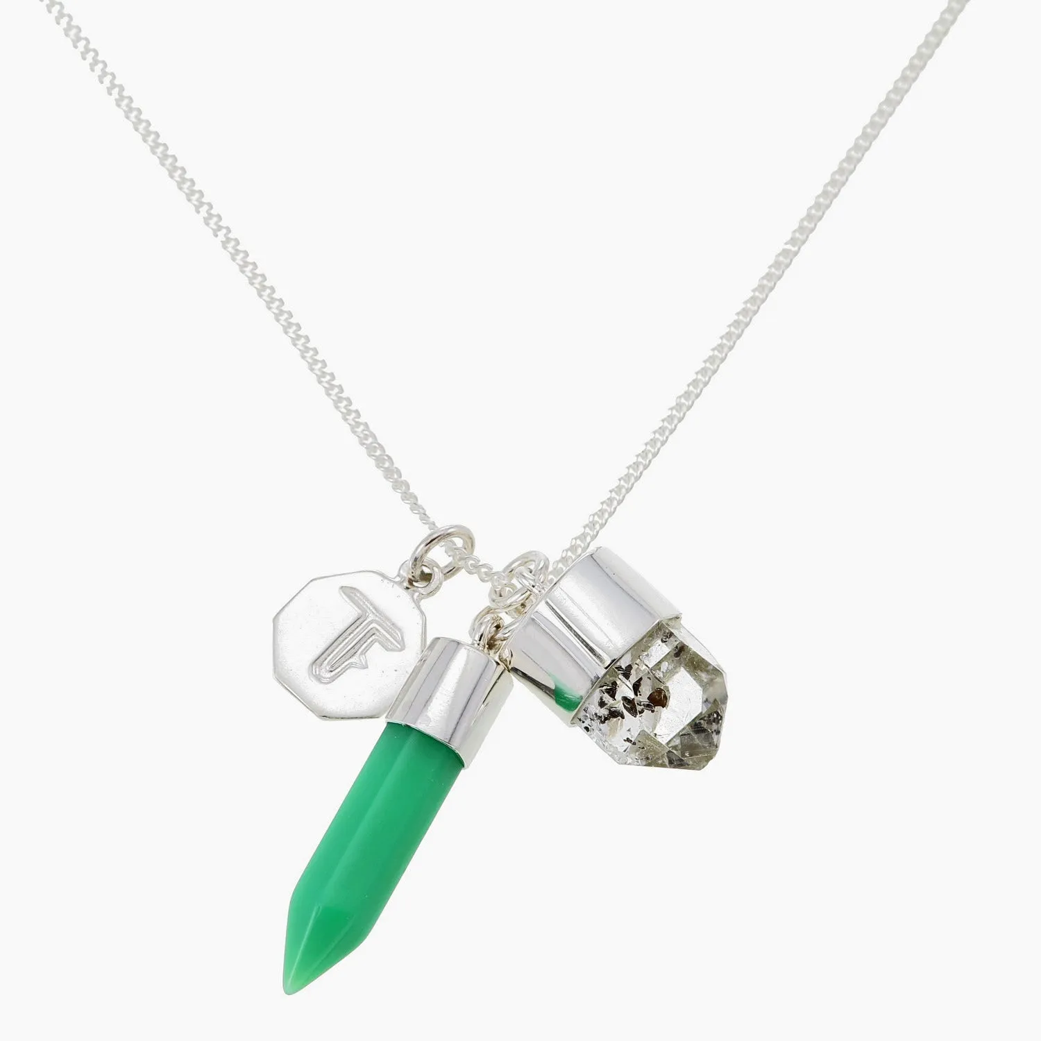 SUPERPOWER CHARM NECKLACE - CHRYSOPRASE WITH DIAMOND QUARTZ - SILVER