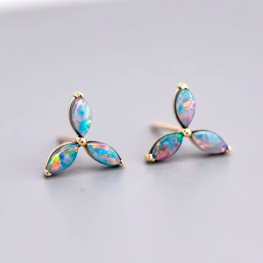 Three Stone Marquise Doublet Opal Stud Earrings 18K Yellow Gold