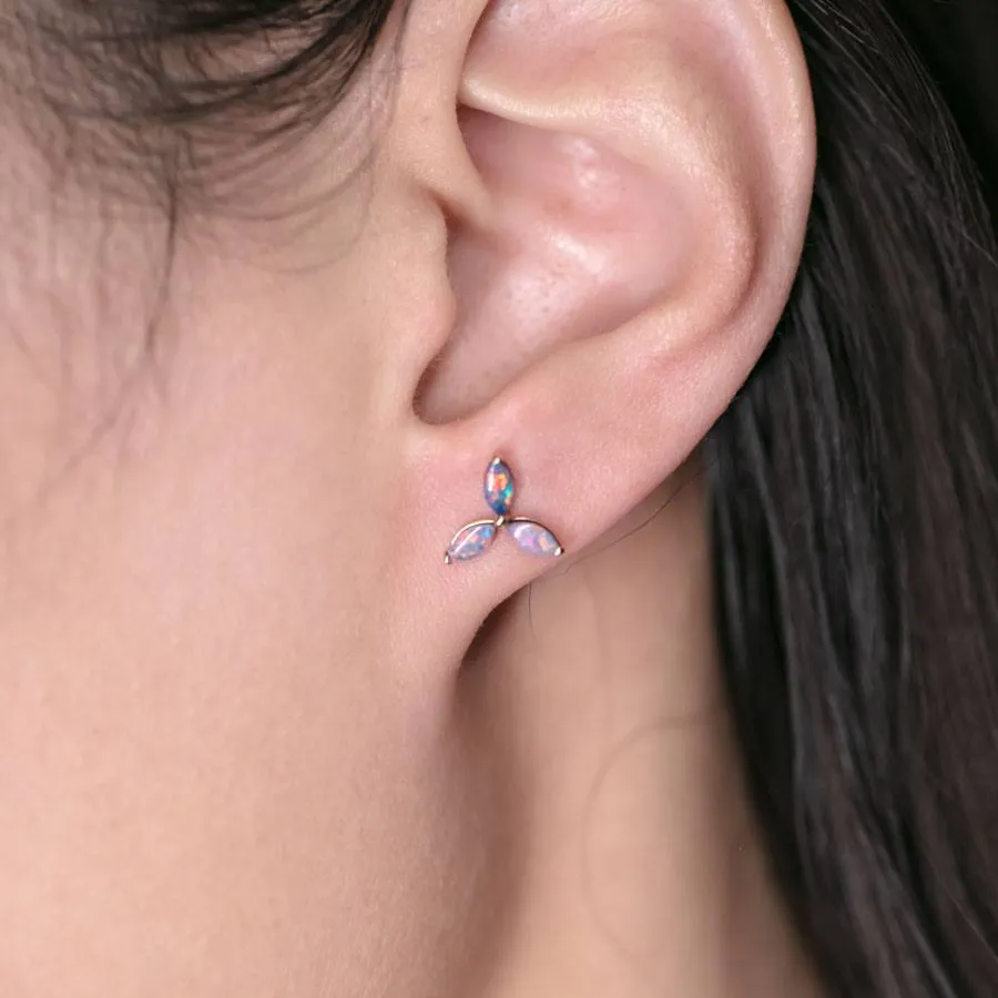 Three Stone Marquise Doublet Opal Stud Earrings 18K Yellow Gold