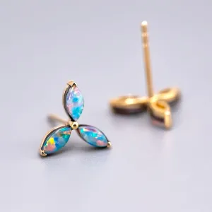Three Stone Marquise Doublet Opal Stud Earrings 18K Yellow Gold