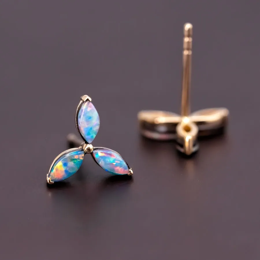 Three Stone Marquise Doublet Opal Stud Earrings 18K Yellow Gold