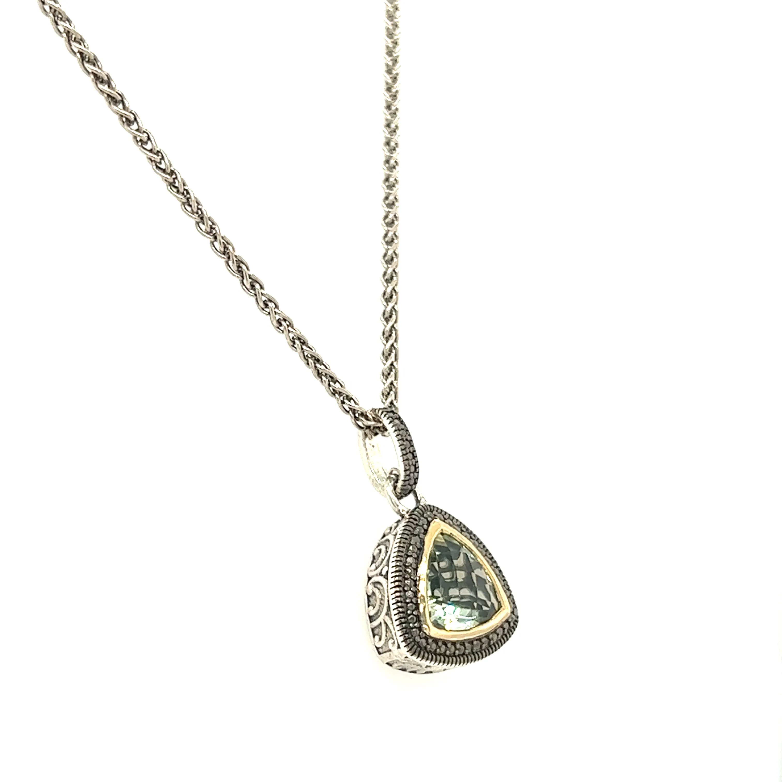 Trillion Green Quartz Antiqued Necklace with 14K Yellow Gold Accent in Sterling Silver