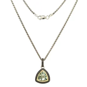 Trillion Green Quartz Antiqued Necklace with 14K Yellow Gold Accent in Sterling Silver