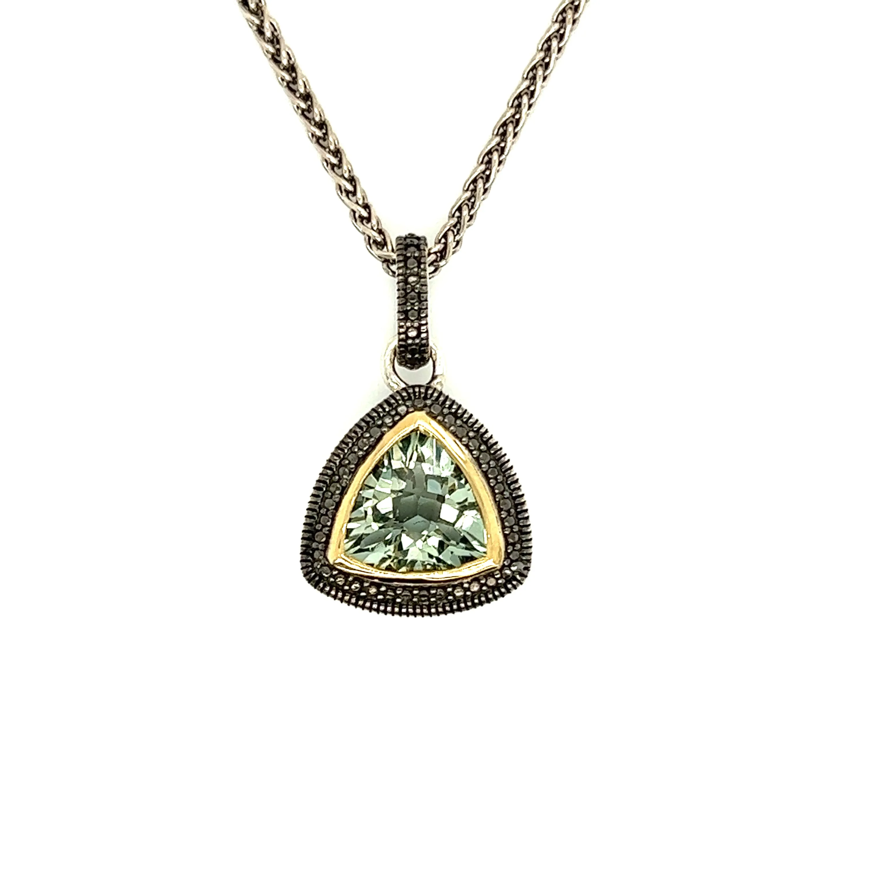 Trillion Green Quartz Antiqued Necklace with 14K Yellow Gold Accent in Sterling Silver