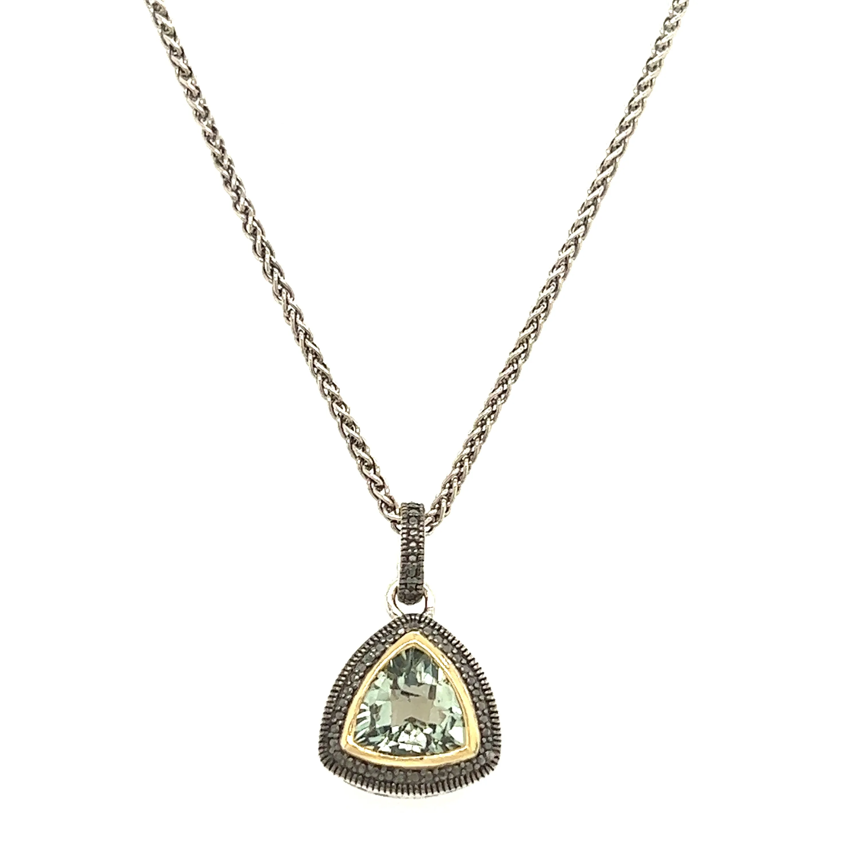 Trillion Green Quartz Antiqued Necklace with 14K Yellow Gold Accent in Sterling Silver