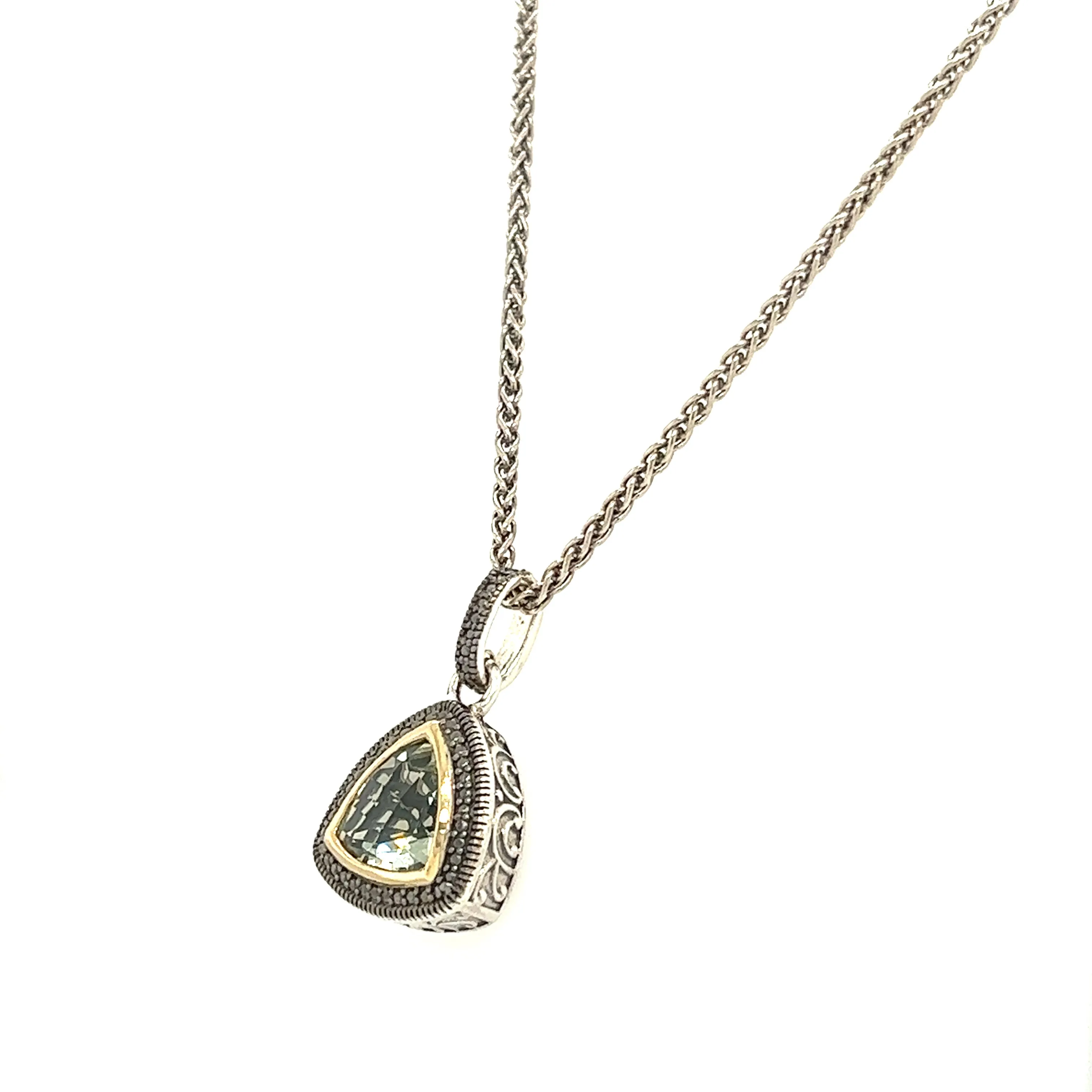 Trillion Green Quartz Antiqued Necklace with 14K Yellow Gold Accent in Sterling Silver