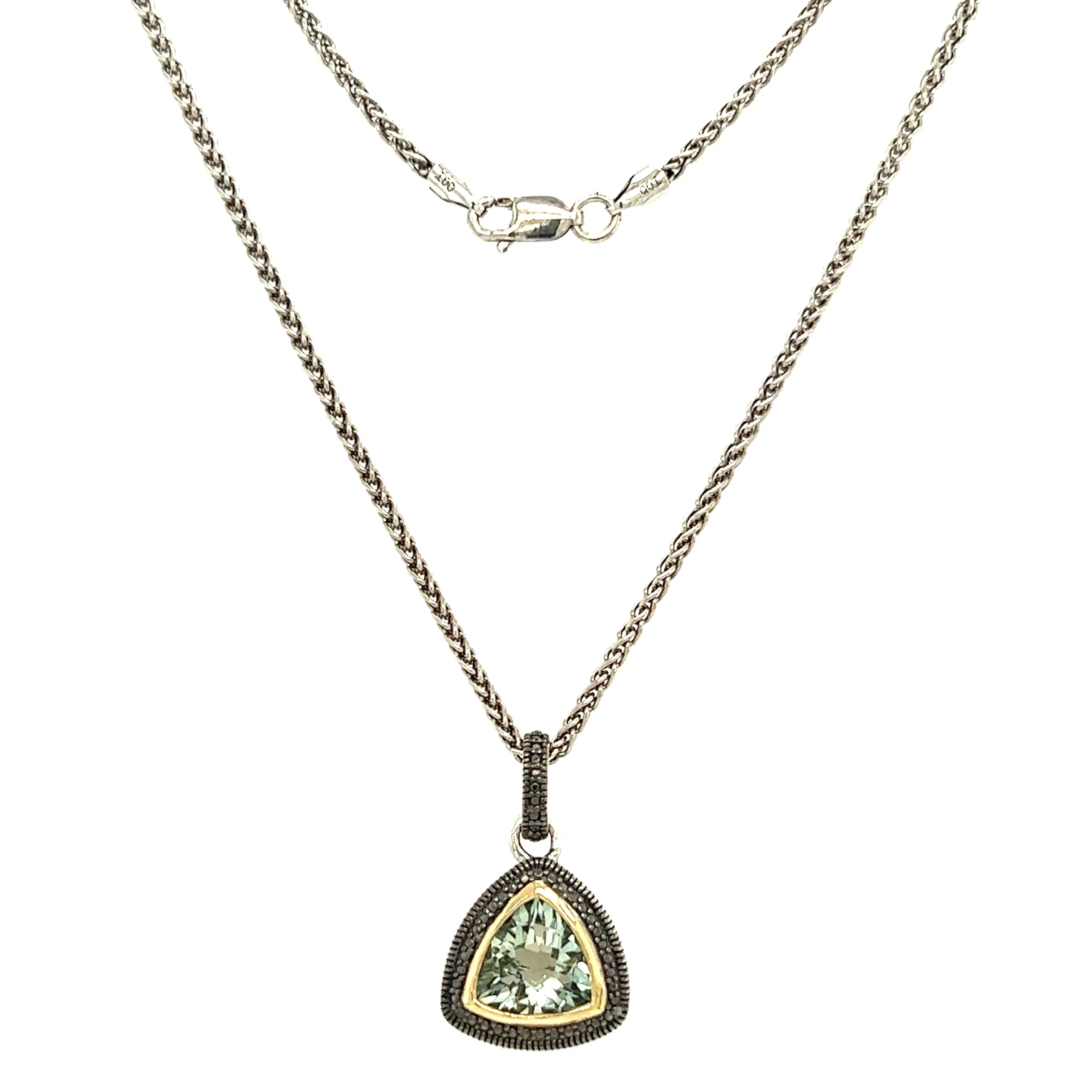 Trillion Green Quartz Antiqued Necklace with 14K Yellow Gold Accent in Sterling Silver