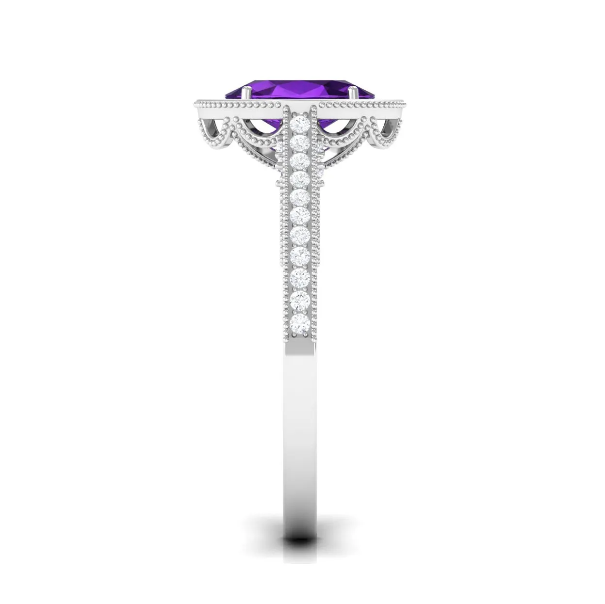Vintage Inspired Oval Amethyst Engagement Ring with Diamond