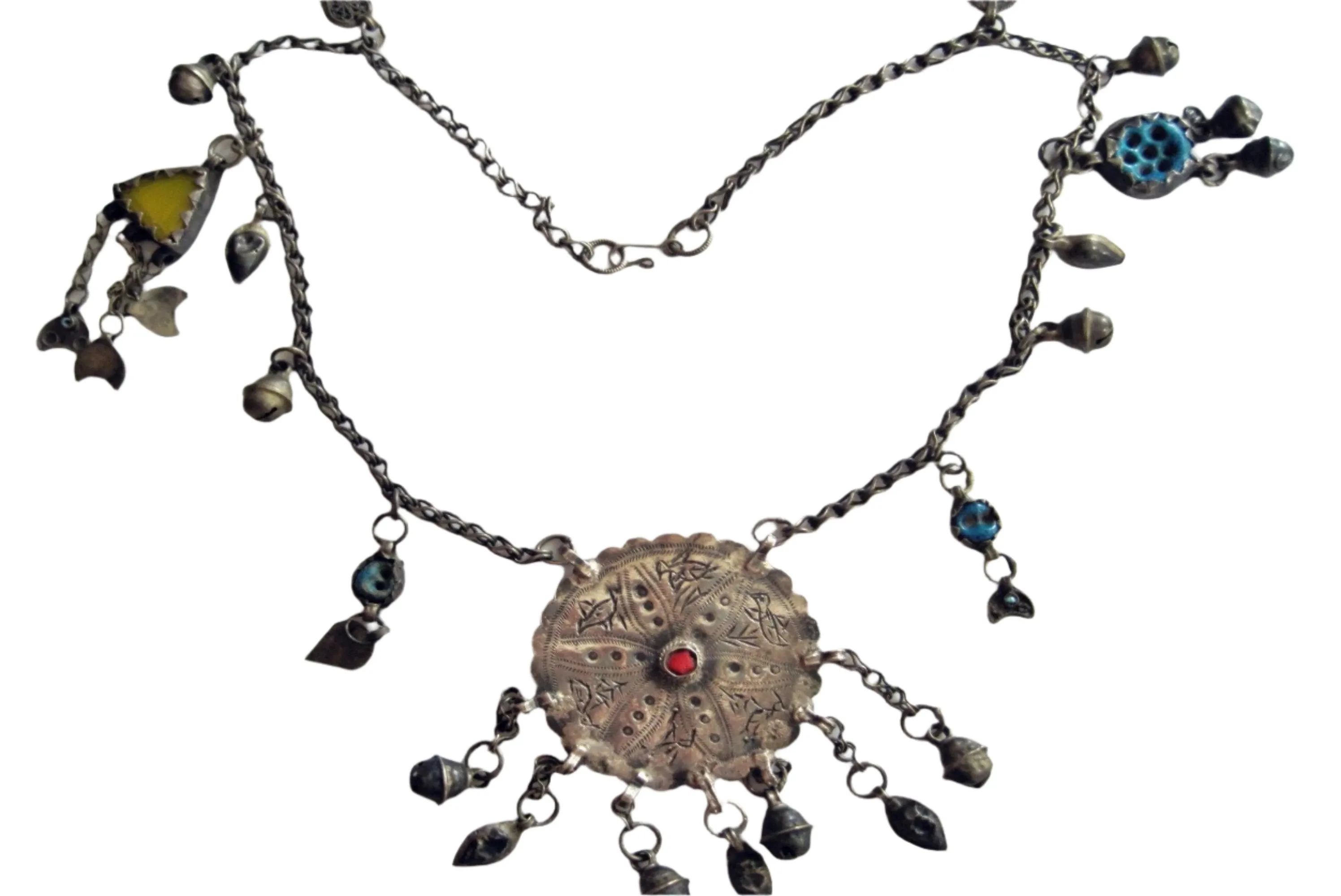 Vintage Middle East Bedouin Silver Kurdish Necklace with Charms