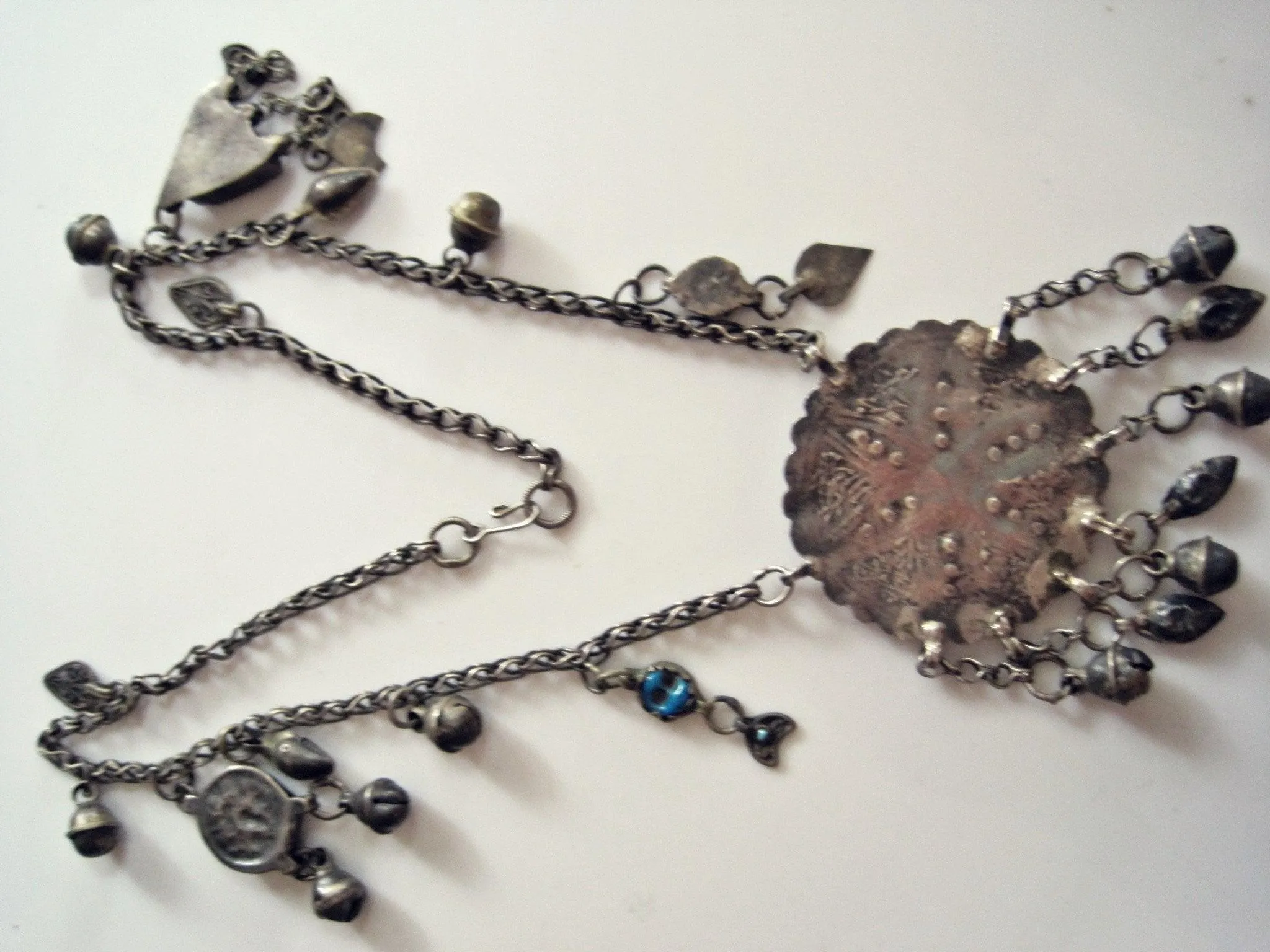 Vintage Middle East Bedouin Silver Kurdish Necklace with Charms