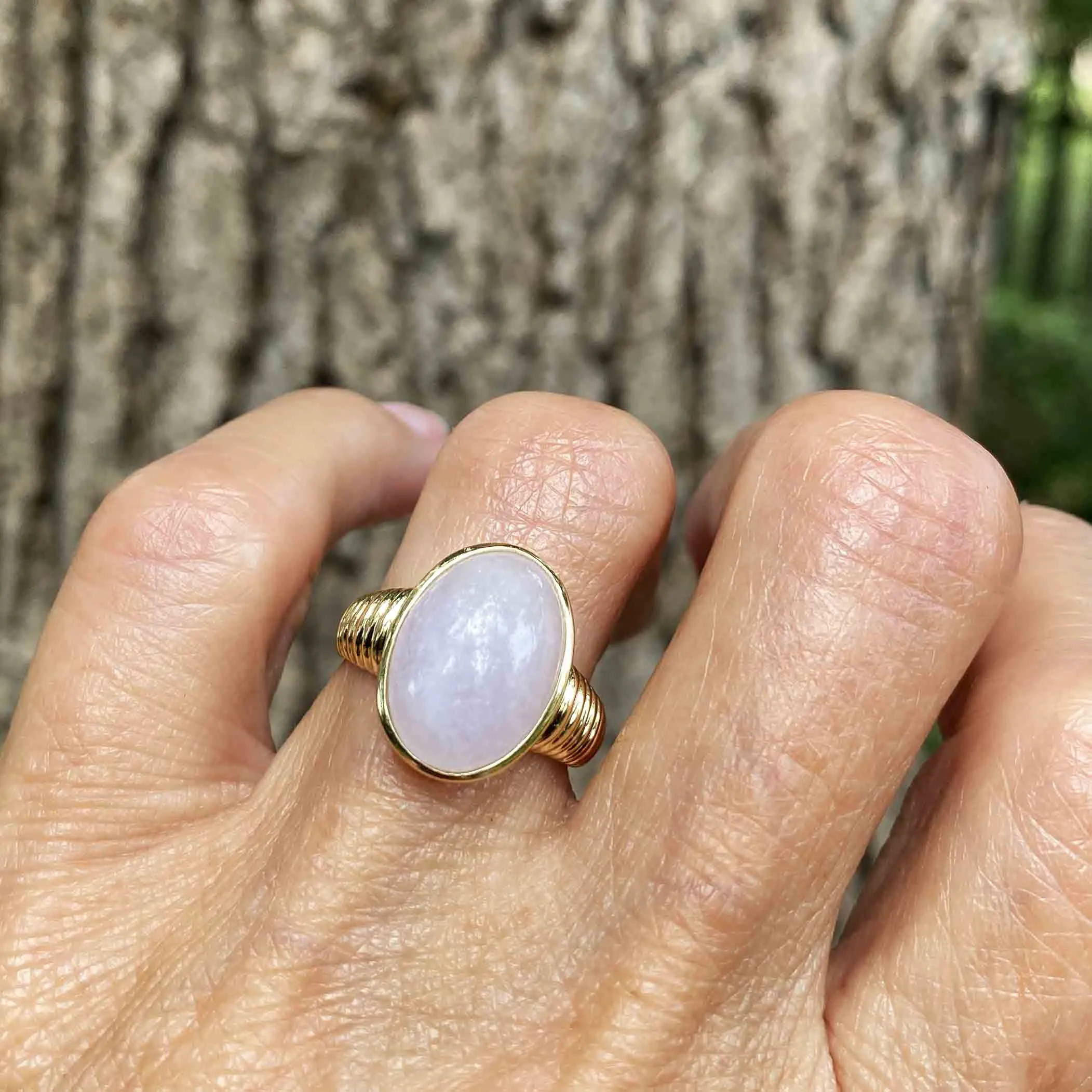 Vintage Purple Jade Cabochon Ring in 14K Gold