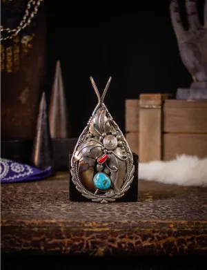 Vintage Sterling Silver Pendant Claw, Turquoise, and Coral