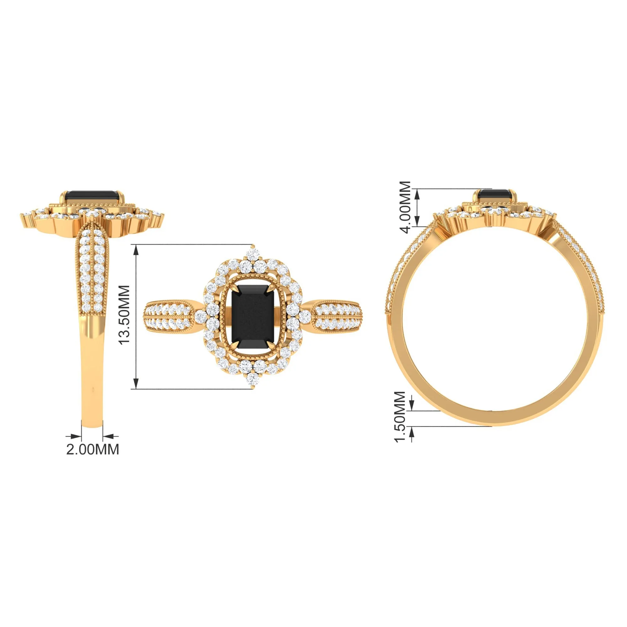 Vintage Style Black Spinel Engagement Ring with Diamond Floral Halo