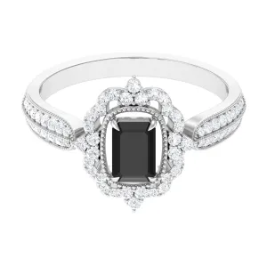Vintage Style Black Spinel Engagement Ring with Diamond Floral Halo