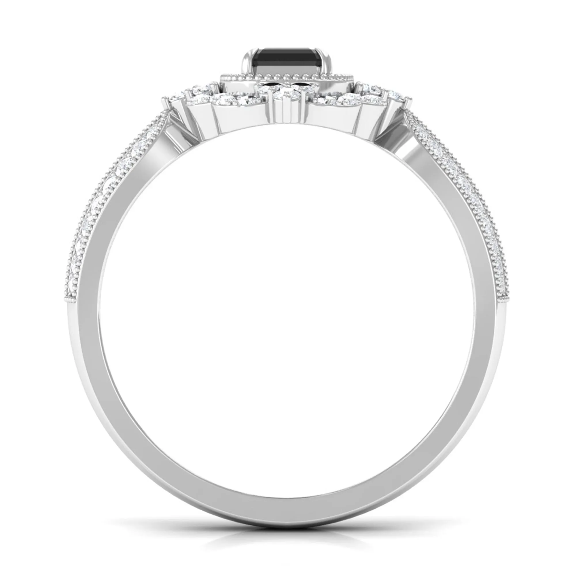 Vintage Style Black Spinel Engagement Ring with Diamond Floral Halo