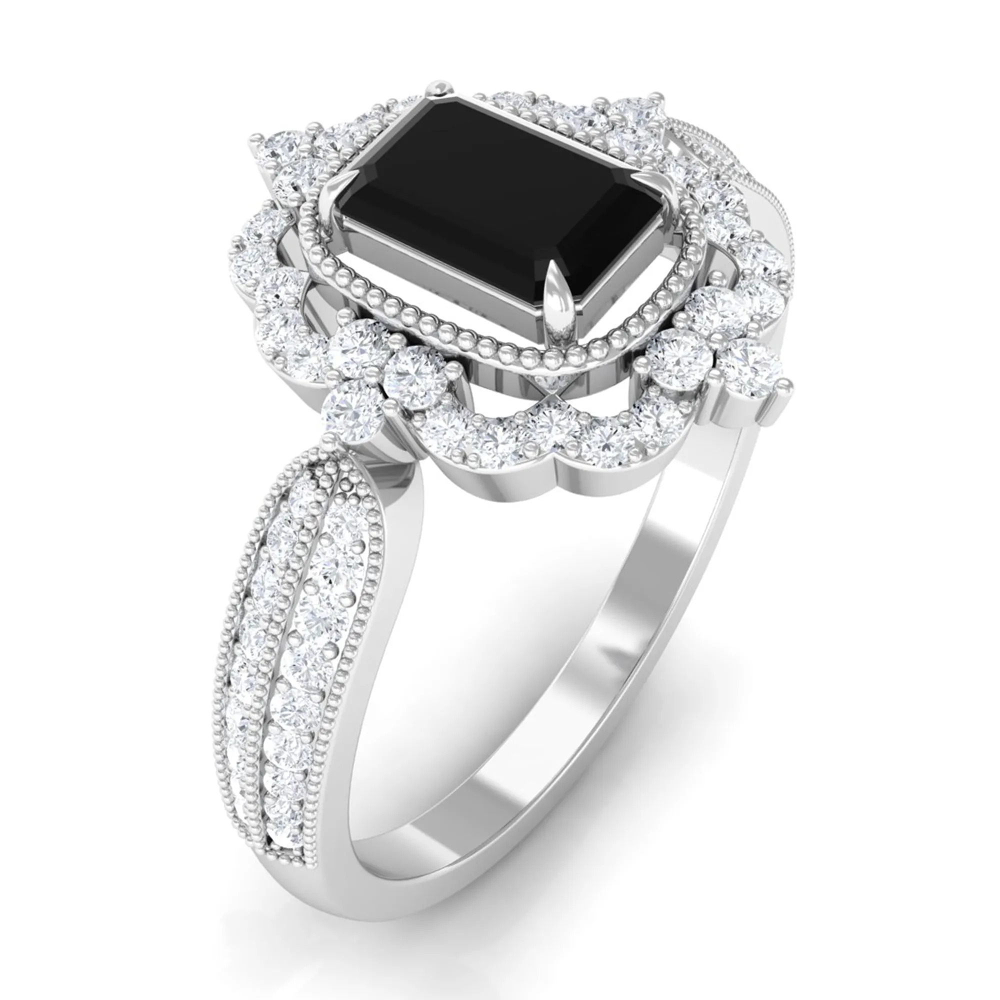 Vintage Style Black Spinel Engagement Ring with Diamond Floral Halo