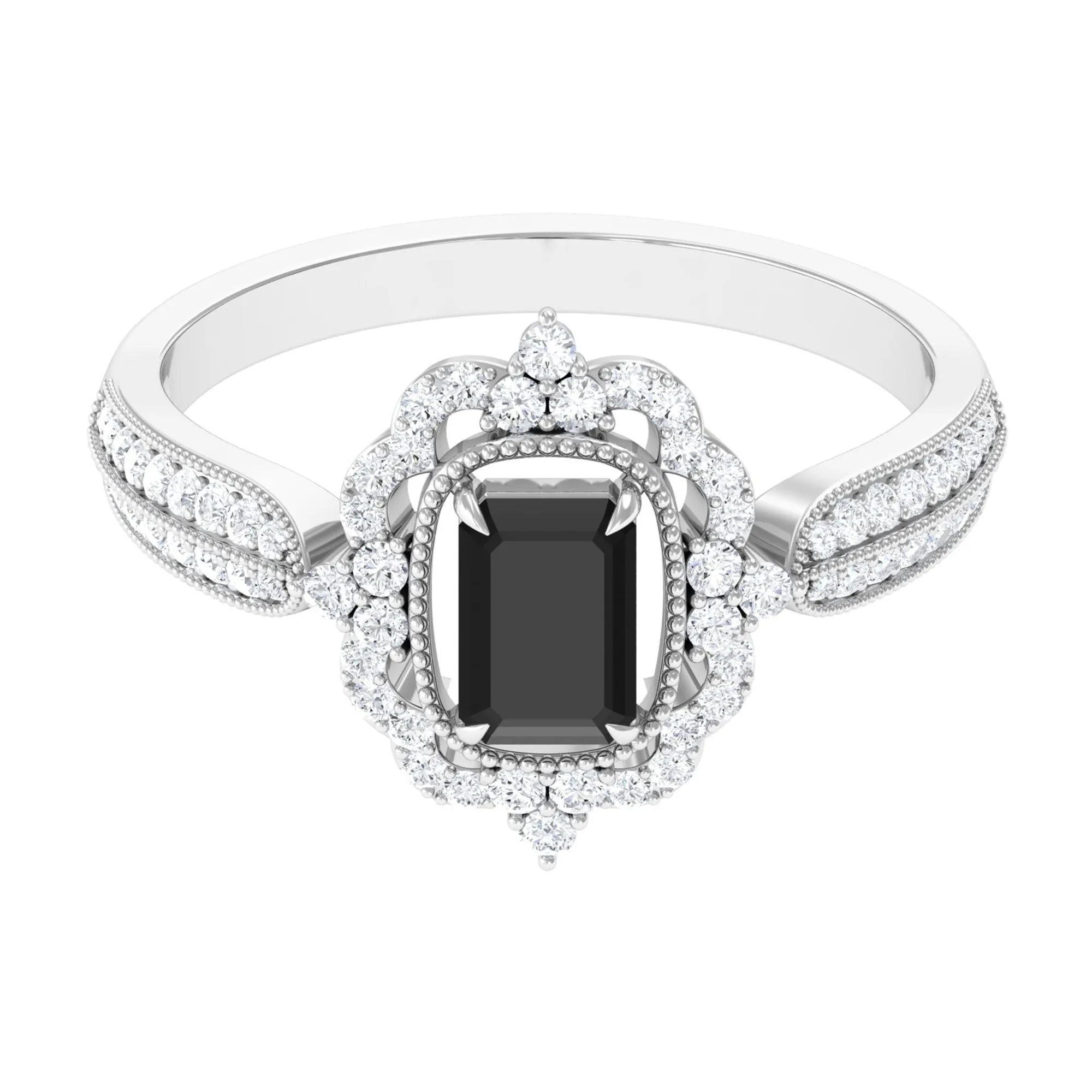 Vintage Style Black Spinel Engagement Ring with Diamond Floral Halo