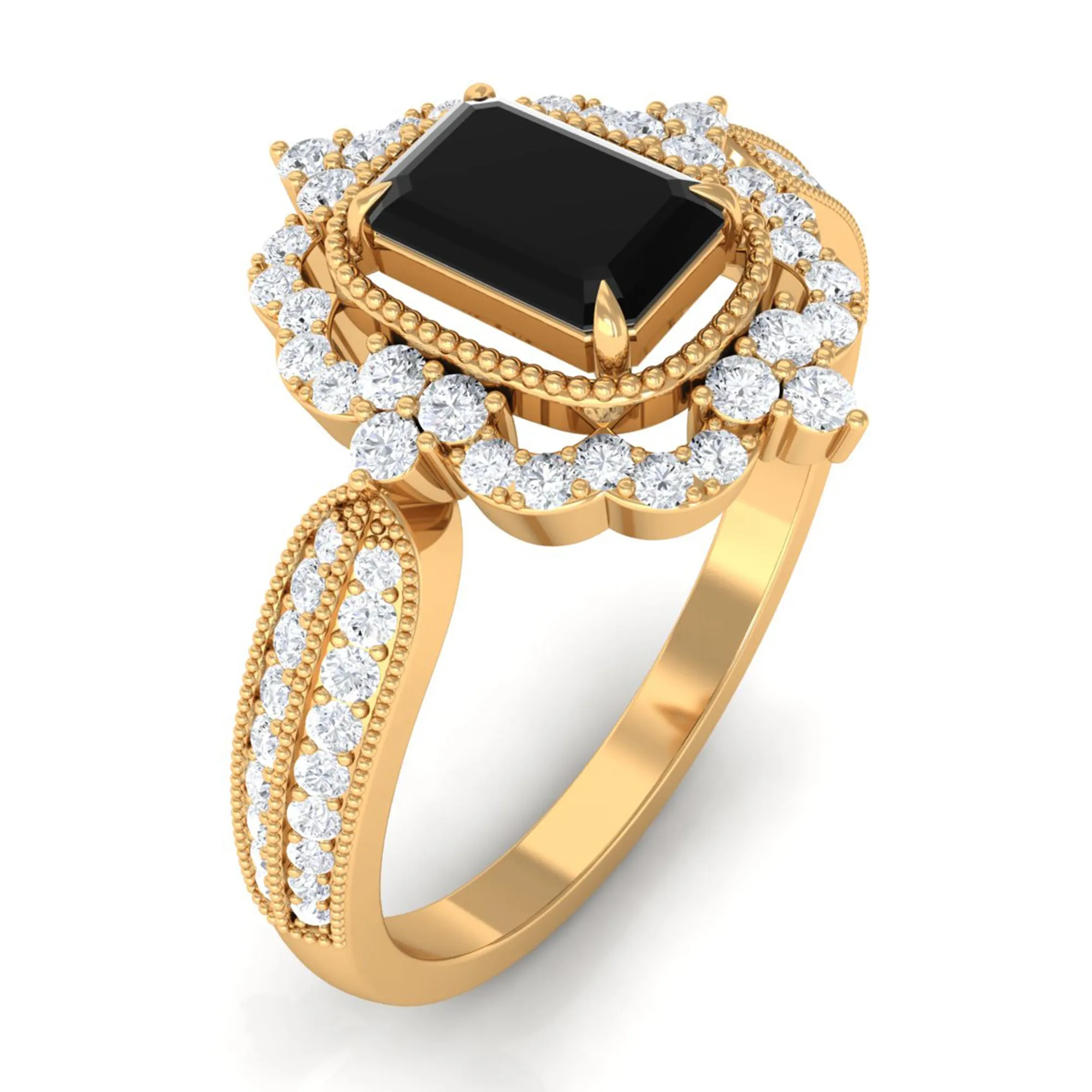 Vintage Style Black Spinel Engagement Ring with Diamond Floral Halo