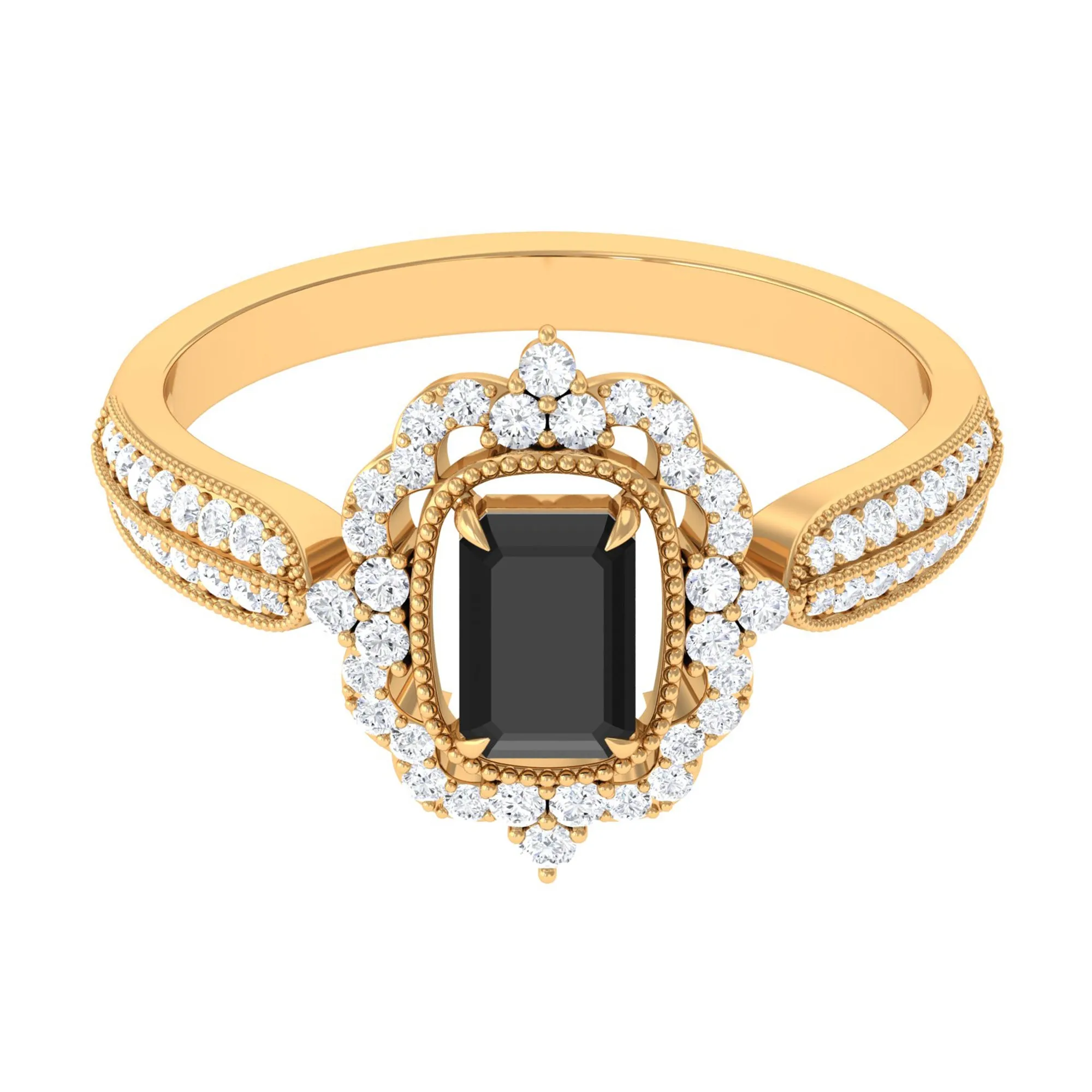 Vintage Style Black Spinel Engagement Ring with Diamond Floral Halo