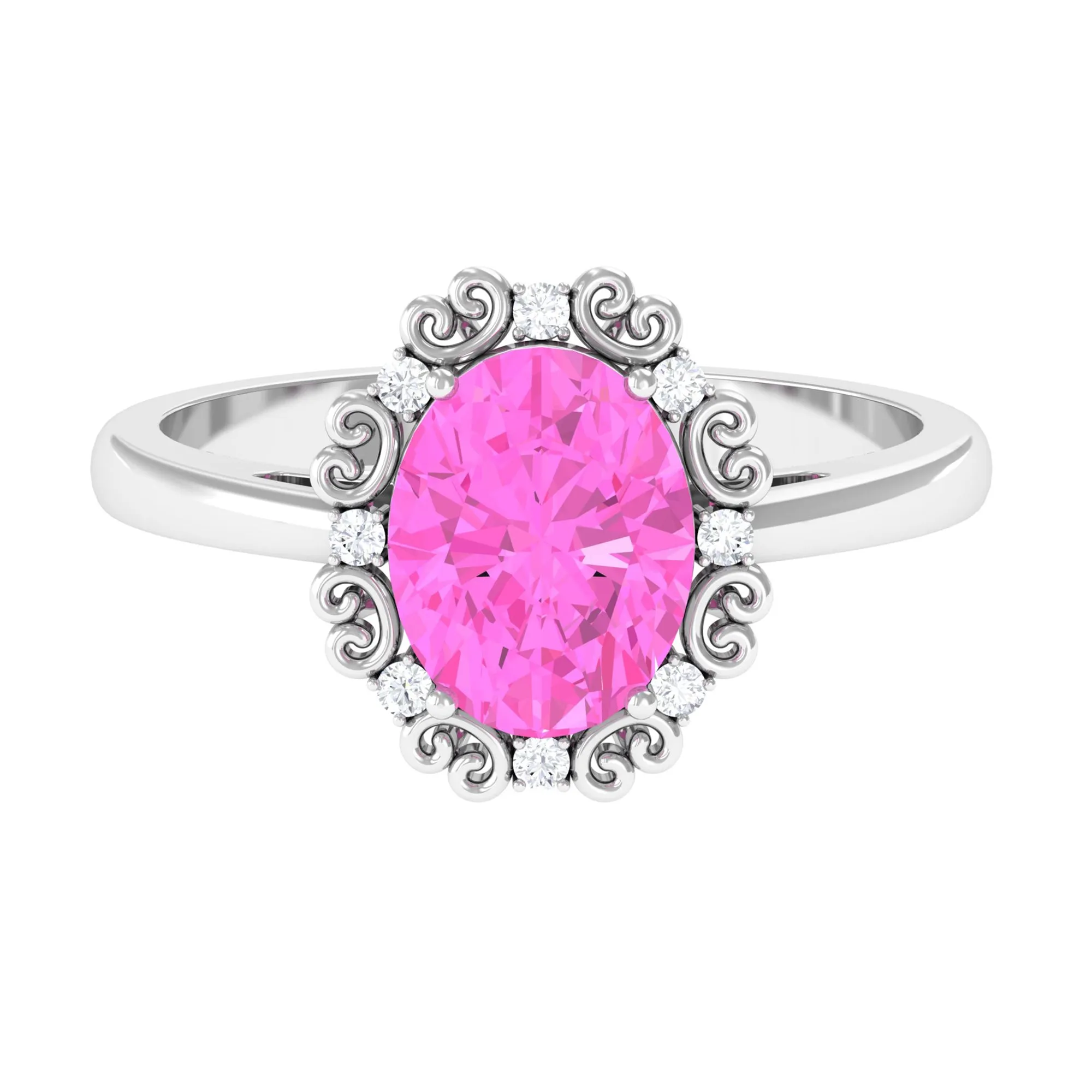 Vintage Style Lab Grown Pink Sapphire Oval Engagement Ring