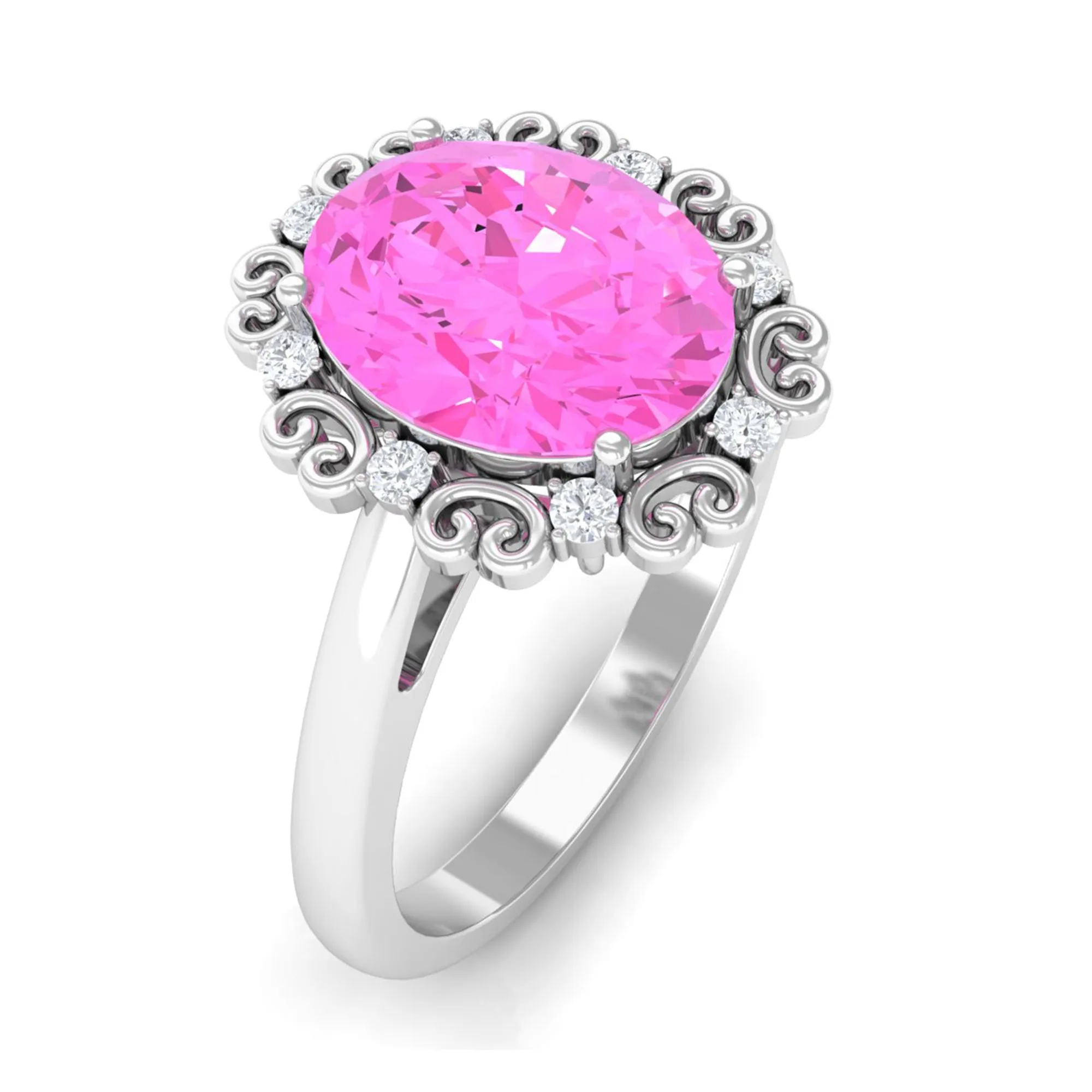 Vintage Style Lab Grown Pink Sapphire Oval Engagement Ring