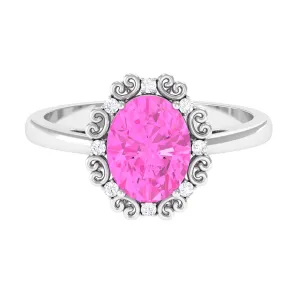 Vintage Style Lab Grown Pink Sapphire Oval Engagement Ring