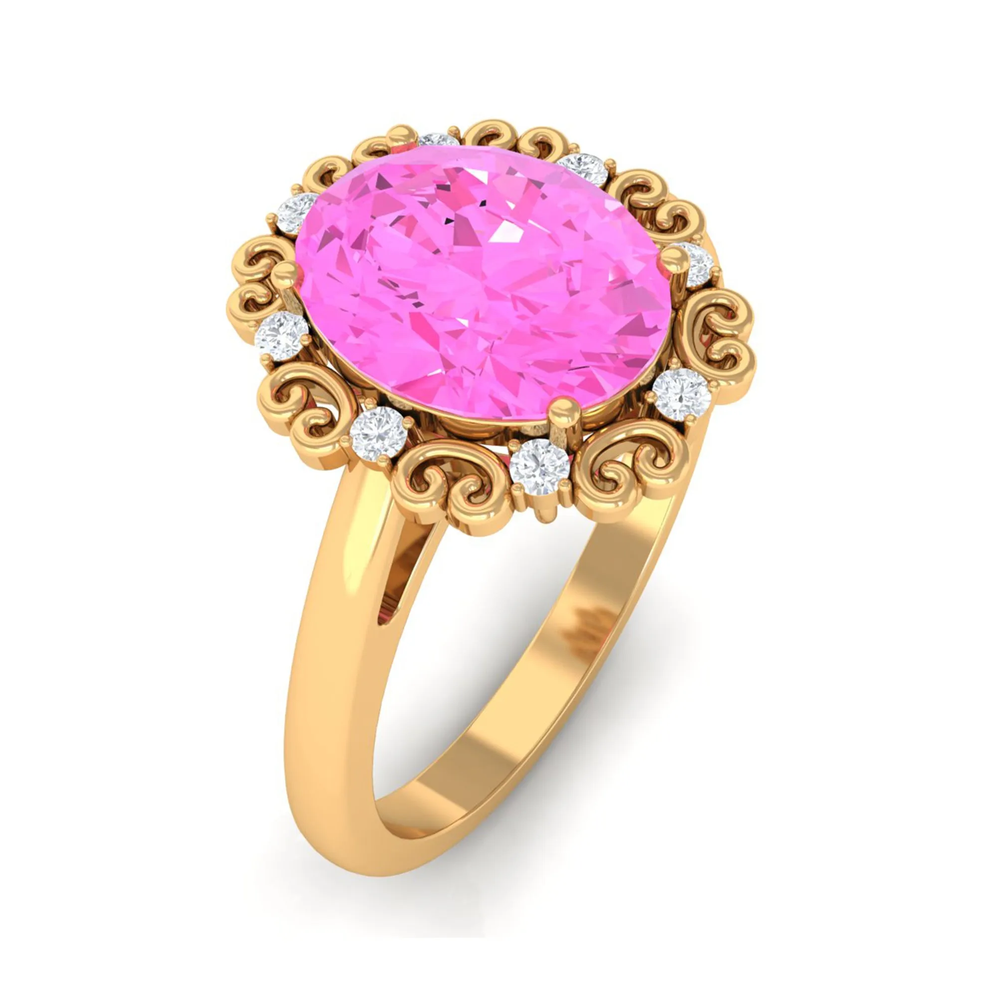 Vintage Style Lab Grown Pink Sapphire Oval Engagement Ring